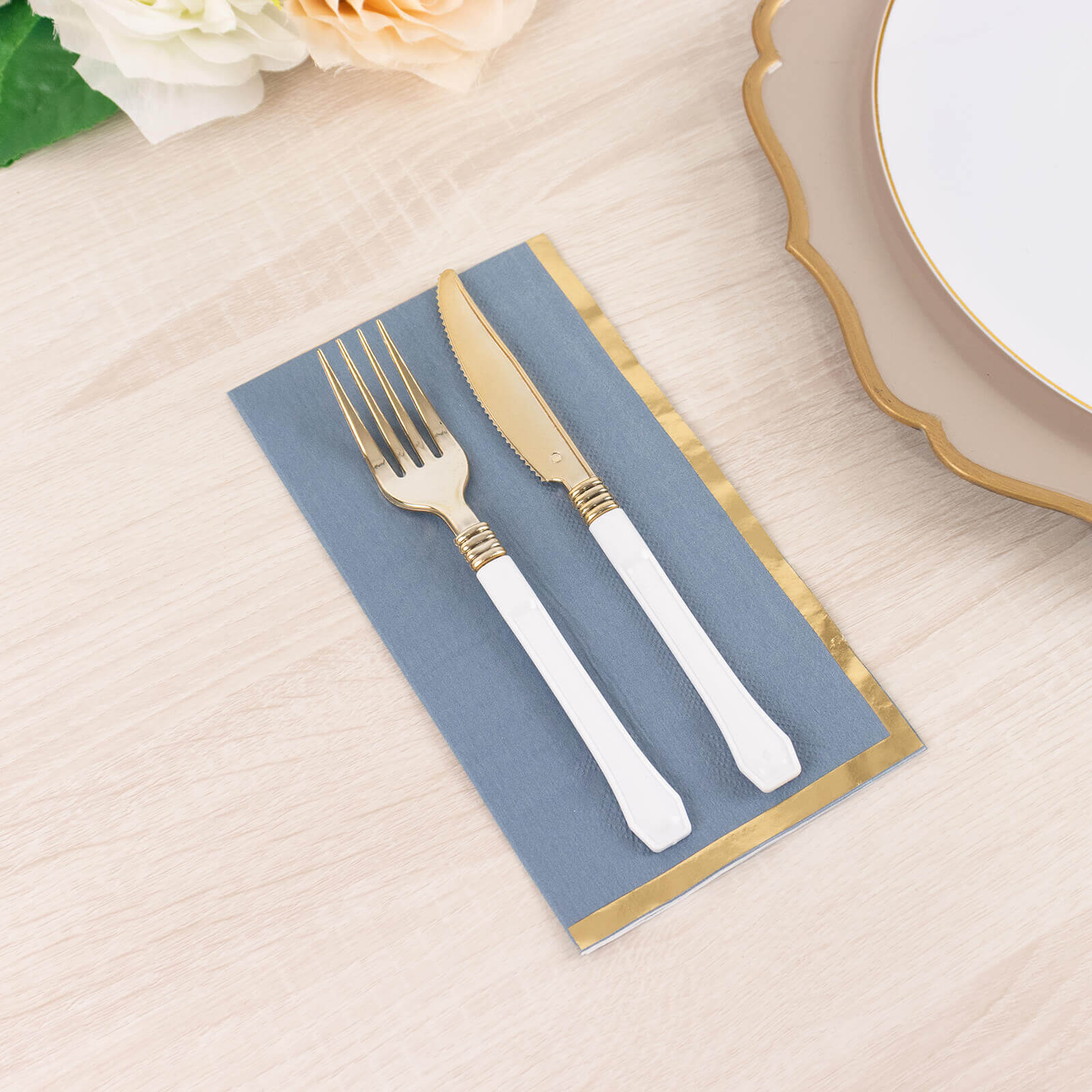 50-Pack Paper Dinner Napkins 2 Ply Dusty Blue with Gold Foil Edge - Soft Disposable Napkins - Image 2