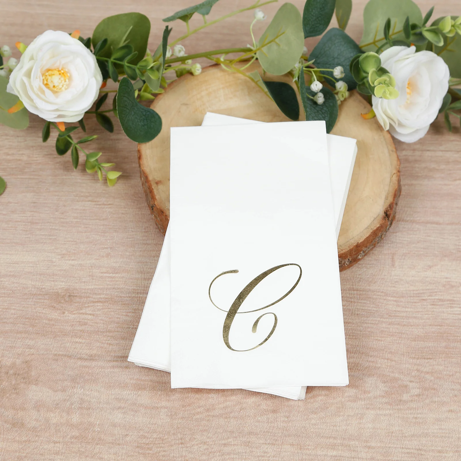 100-Pack Paper Dinner Napkins White with Gold Foil Monogram "C" – 8"x4" Folded, Disposable Party Napkins