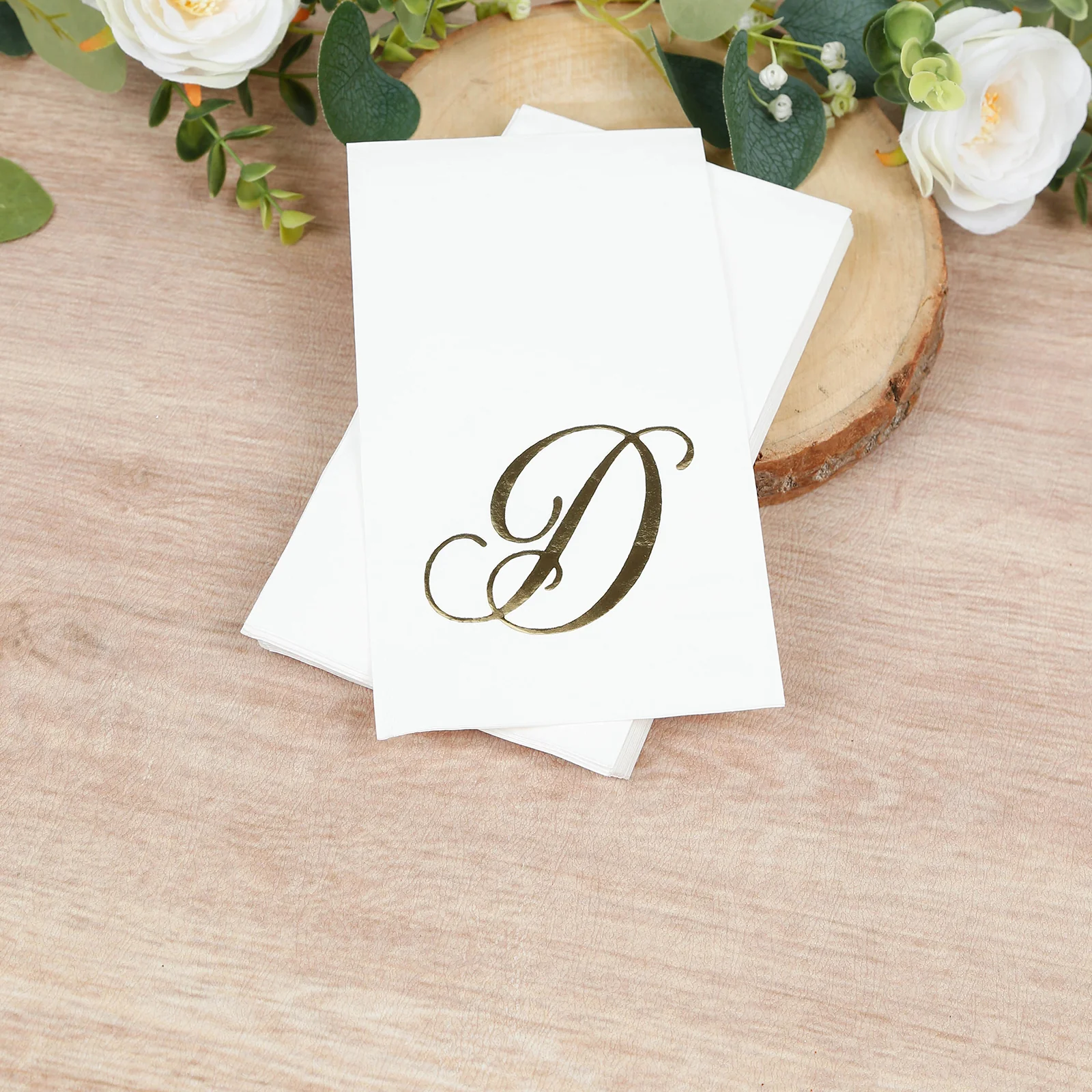100-Pack Paper Dinner Napkins White with Gold Foil Monogram "D" – 8"x4" Folded, Disposable Party Napkins