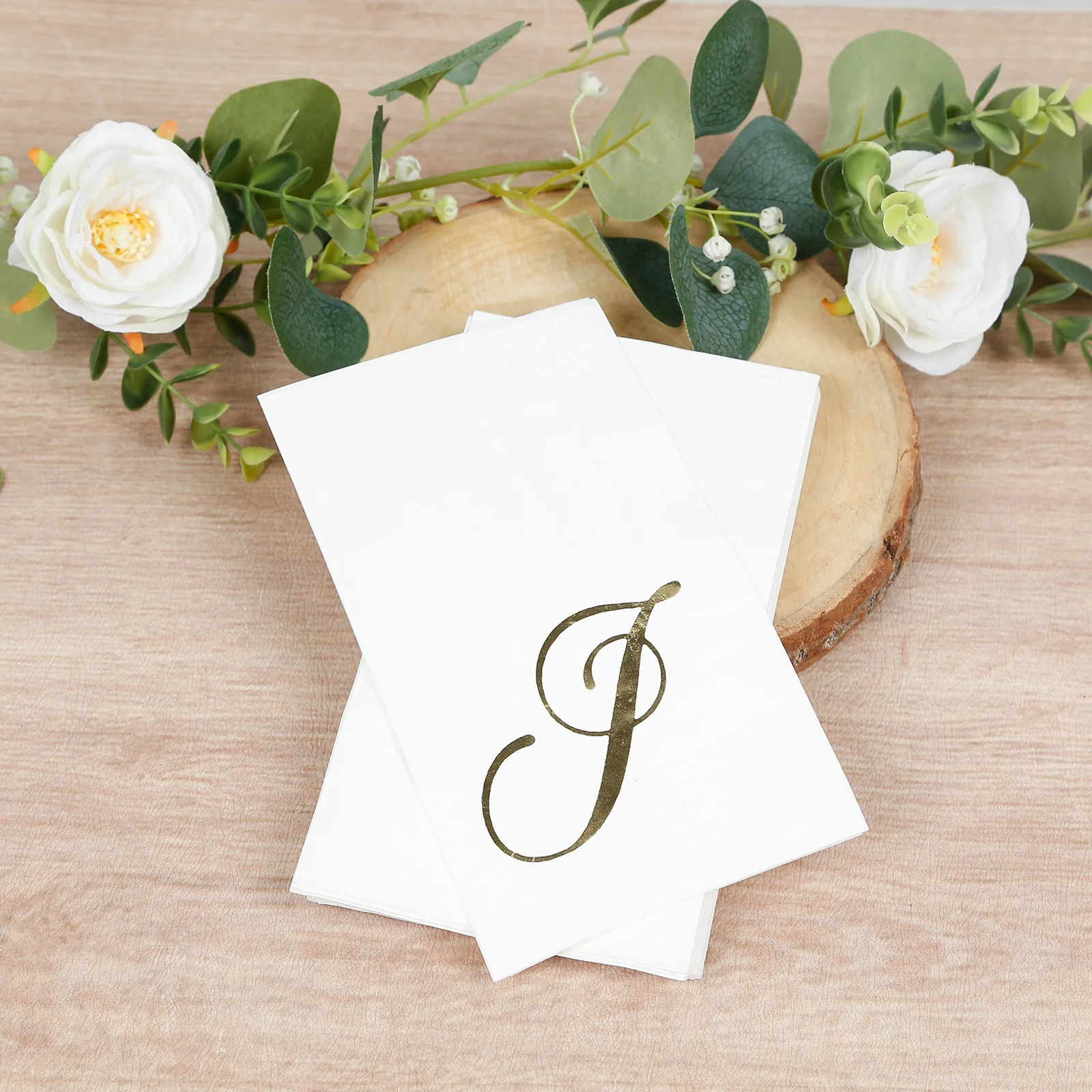 100-Pack Paper Dinner Napkins White with Gold Foil Monogram "J" – 8"x4" Folded, Disposable Party Napkins
