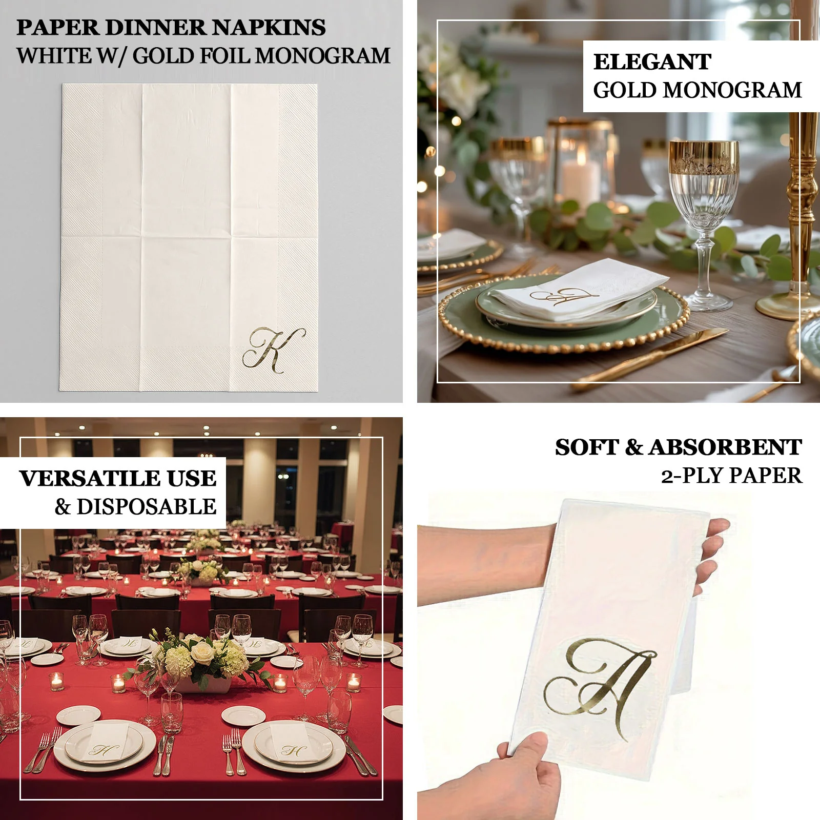 100-Pack Paper Dinner Napkins White with Gold Foil Monogram "J" – 8"x4" Folded, Disposable Party Napkins - Image 4