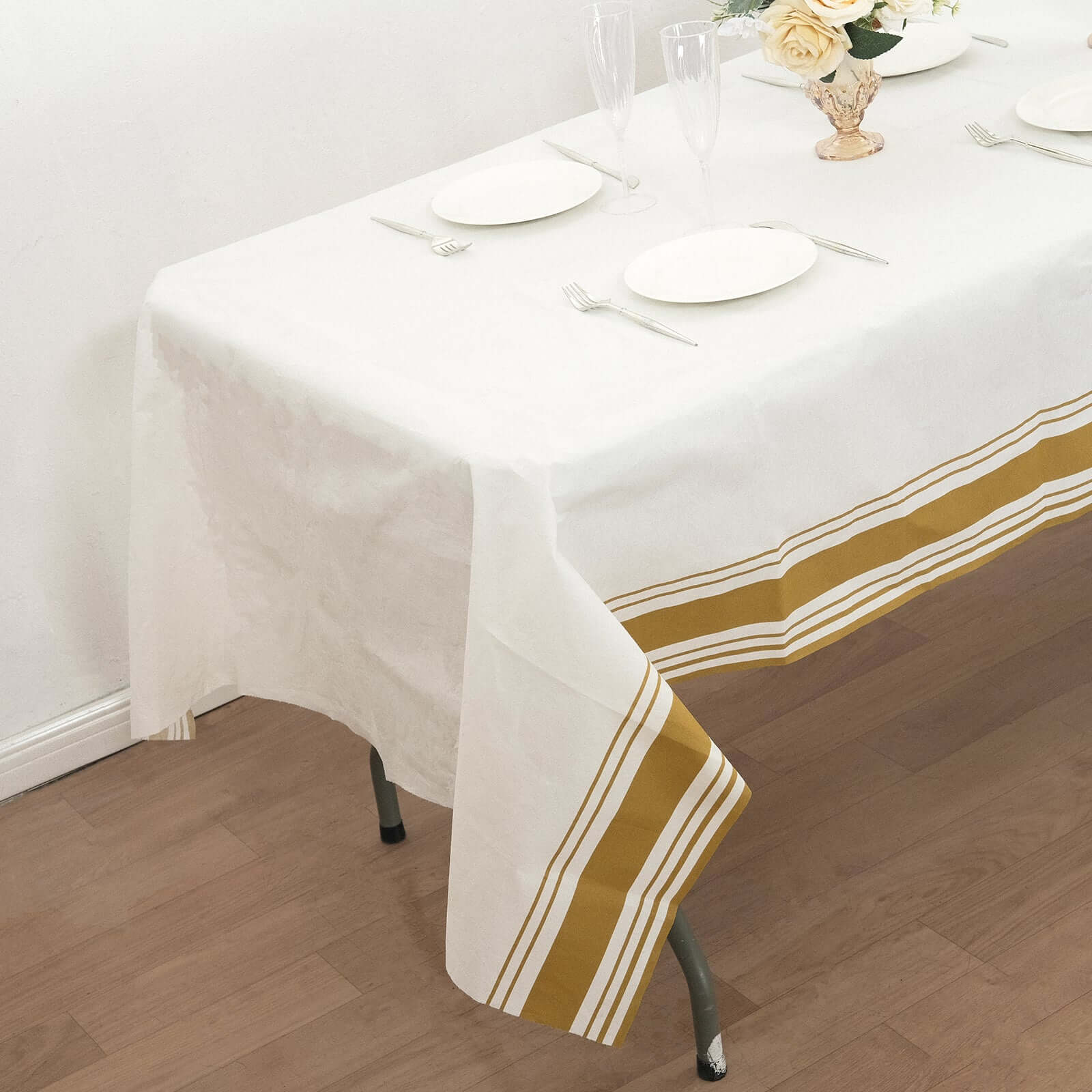 Linen-Like Paper Rectangle Tablecloth 50"x108" White with Gold Striped Border - Disposable Airlaid Table Cover for Sophisticated Gatherings - Image 2