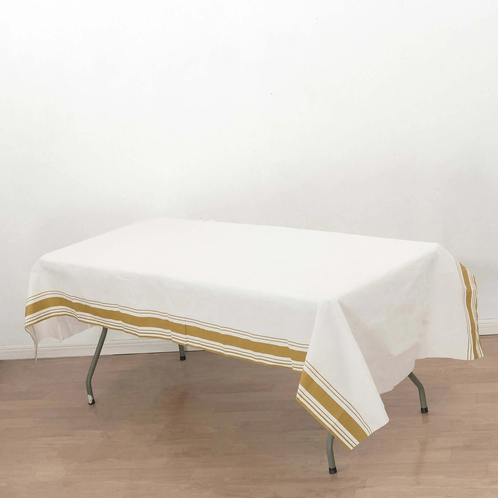 Linen-Like Paper Rectangle Tablecloth 50"x108" White with Gold Striped Border - Disposable Airlaid Table Cover for Sophisticated Gatherings - Image 3
