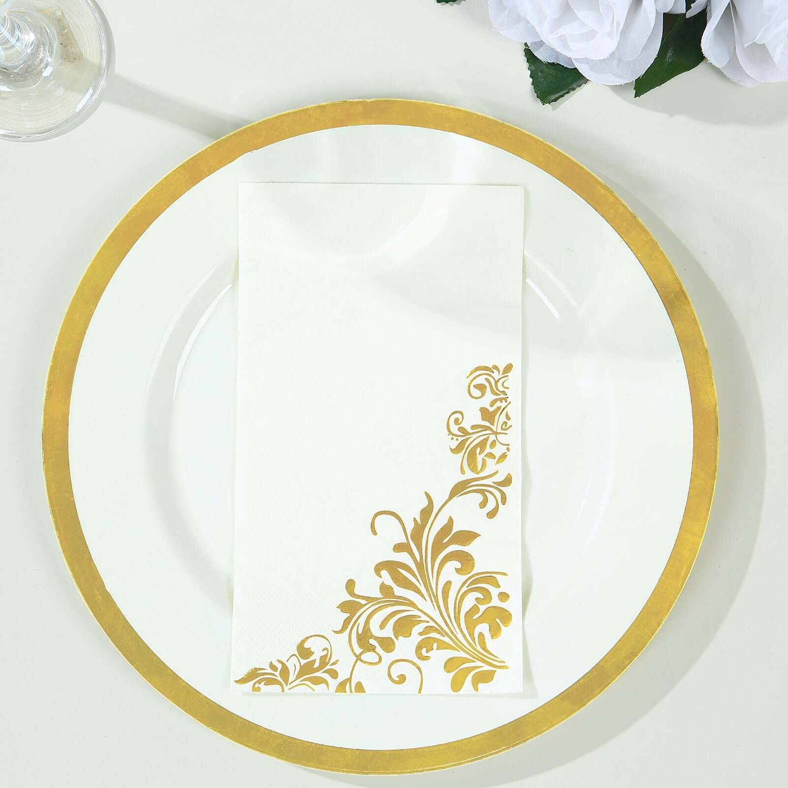 50-Pack Paper Napkins 8"x4" White with Gold Baroque Floral Print - Soft Disposable Party Napkins - Image 4