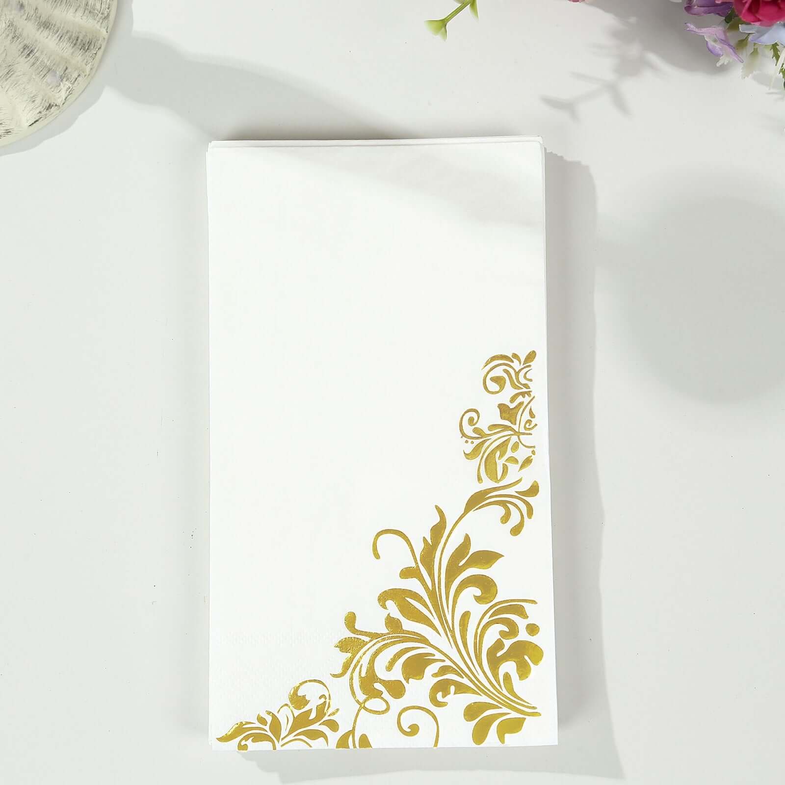 50-Pack Paper Napkins 8"x4" White with Gold Baroque Floral Print - Soft Disposable Party Napkins - Image 6