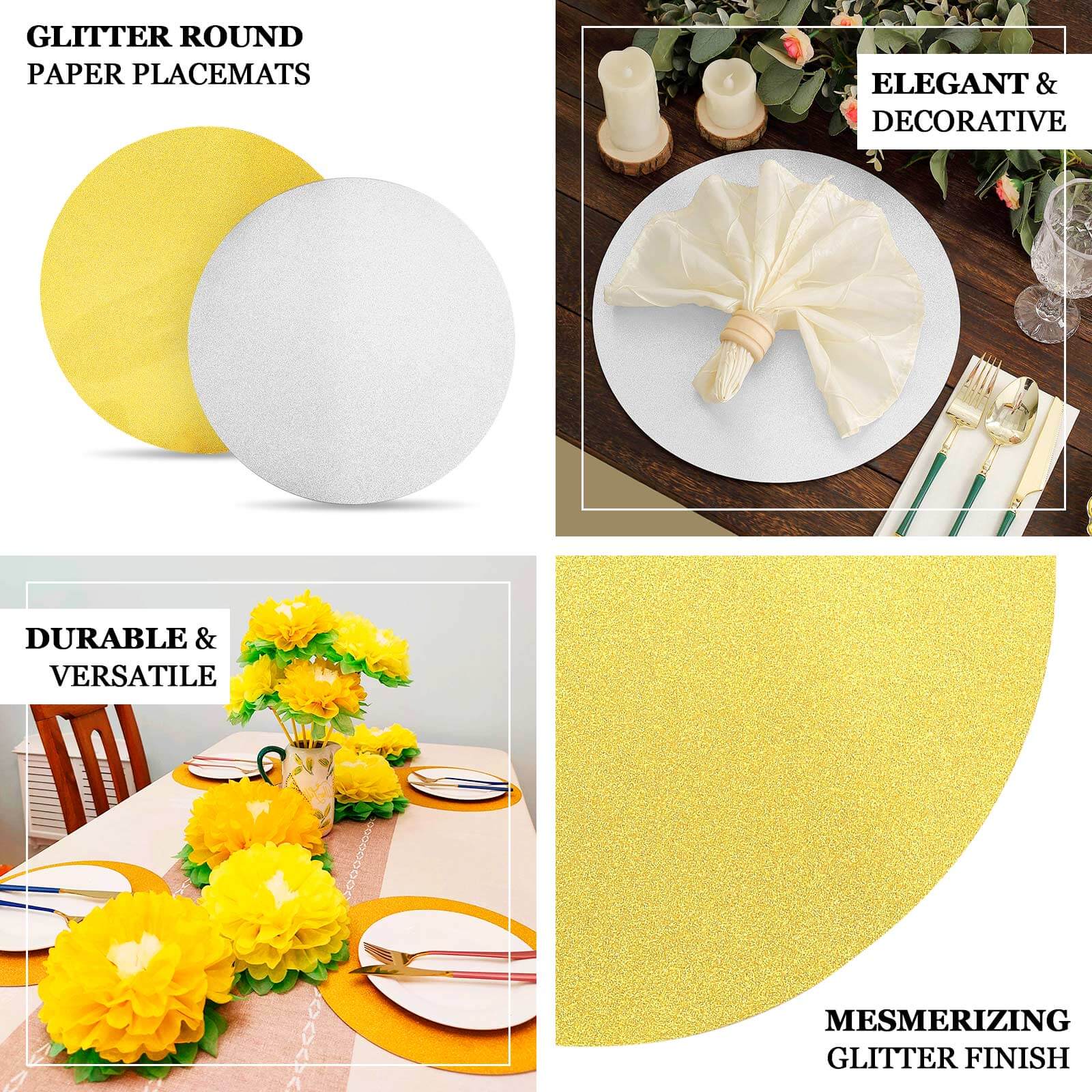 20-Pack Disposable Table Placemats 13" Gold Glitter - 210GSM Paper Placemats for Dazzling Events - Image 4