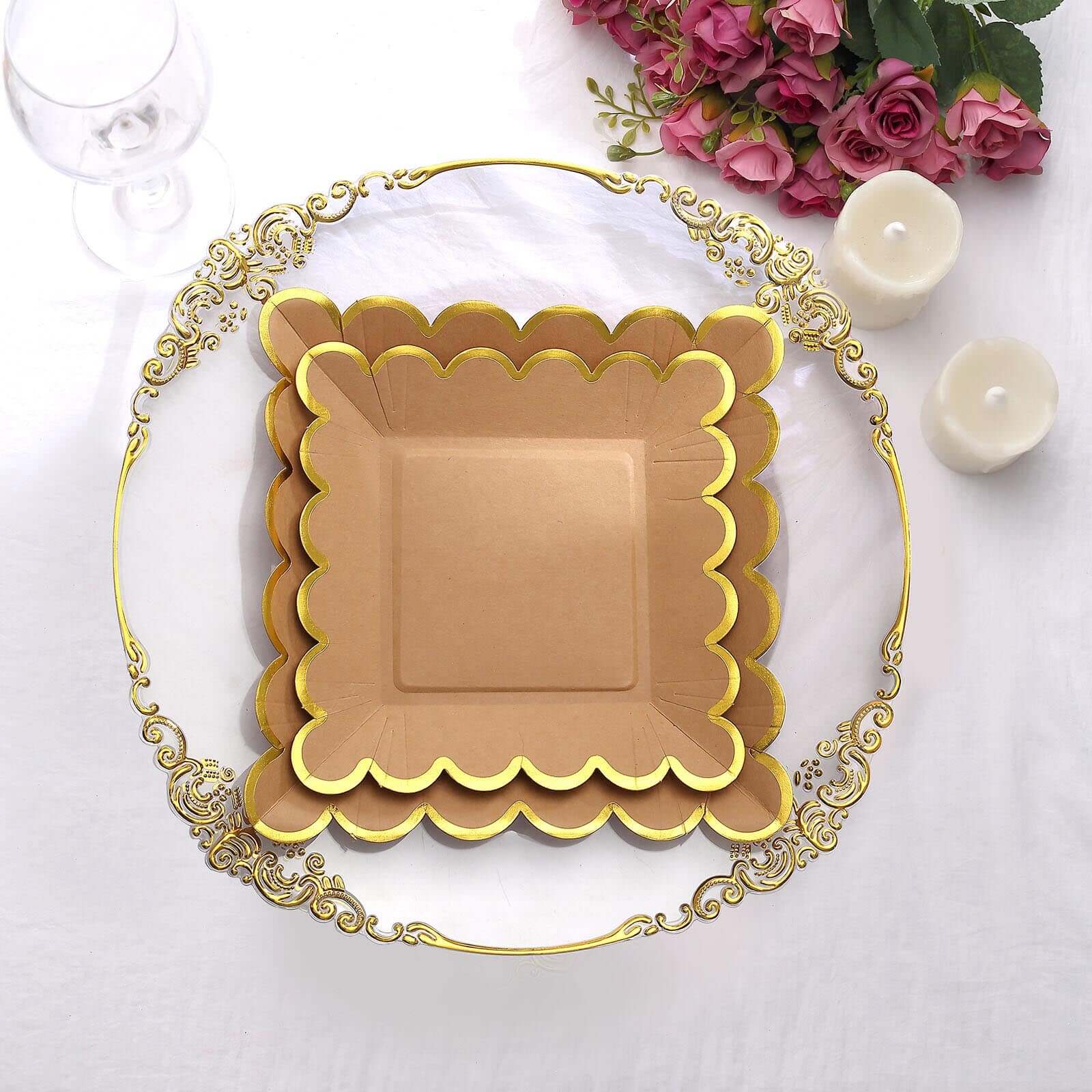 25-Pack Paper Square Dessert Plates 7" Natural Brown with Gold Scalloped Rim - Disposable Salad Appetizer Party Plates for Rustic Gatherings & Chic Events - Image 13