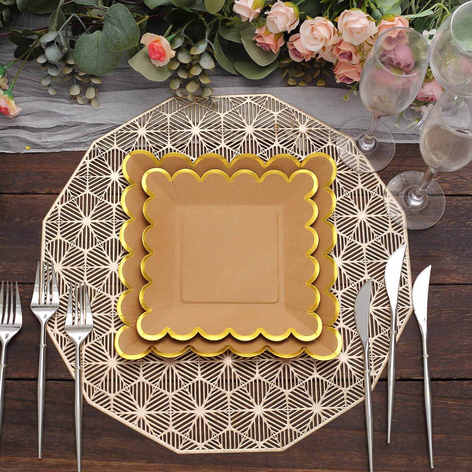 25-Pack Paper Square Dessert Plates 7" Natural Brown with Gold Scalloped Rim - Disposable Salad Appetizer Party Plates for Rustic Gatherings & Chic Events - Image 4