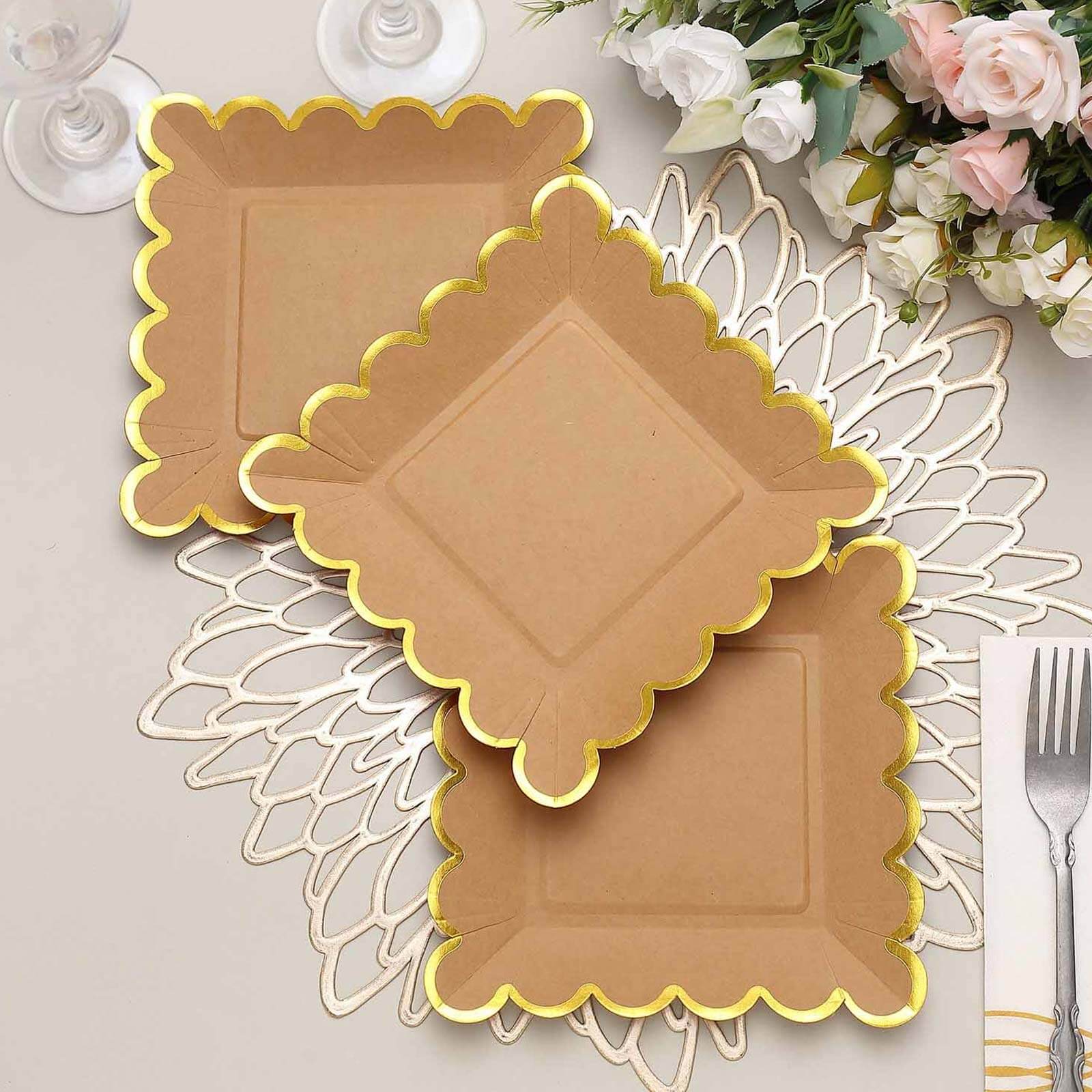 25-Pack Paper Square Dessert Plates 7" Natural Brown with Gold Scalloped Rim - Disposable Salad Appetizer Party Plates for Rustic Gatherings & Chic Events - Image 6