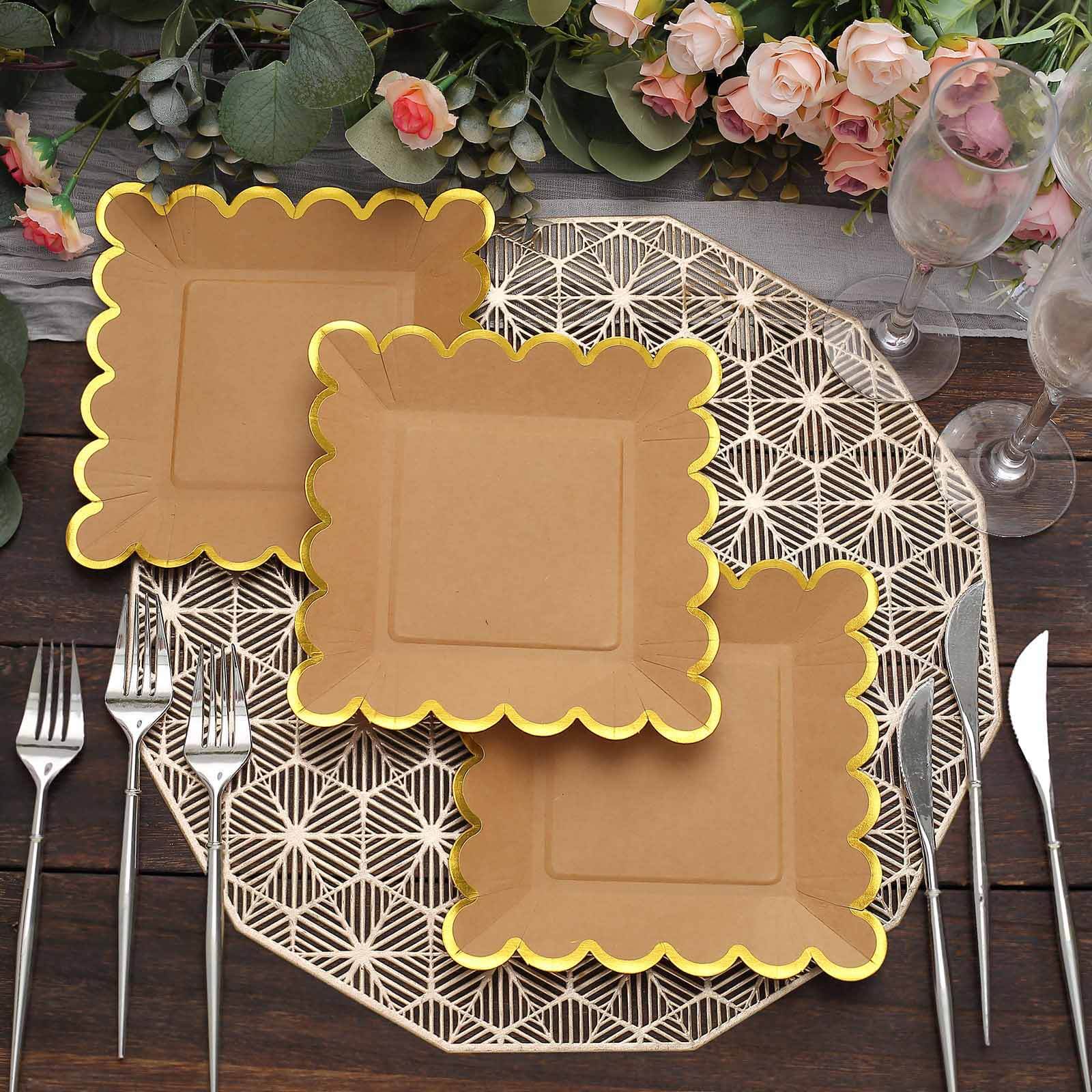 25-Pack Paper Square Dessert Plates 7" Natural Brown with Gold Scalloped Rim - Disposable Salad Appetizer Party Plates for Rustic Gatherings & Chic Events - Image 9