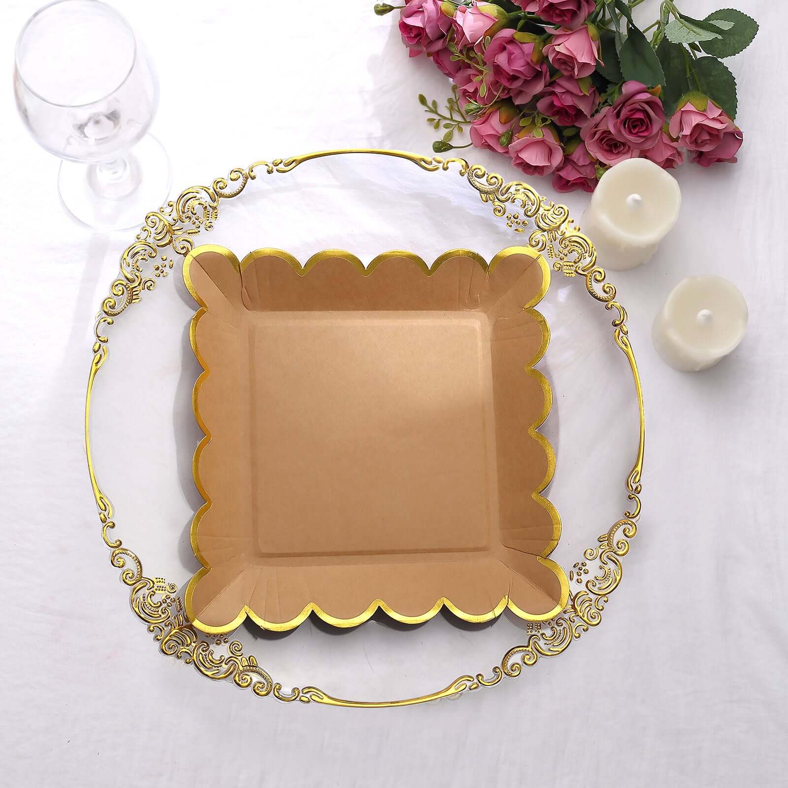 25-Pack Paper Square Dinner Plates 9" Natural Brown with Gold Scalloped Rim - Disposable Party Plates for Stylish Outdoor Events & Boho Celebrations - Image 2
