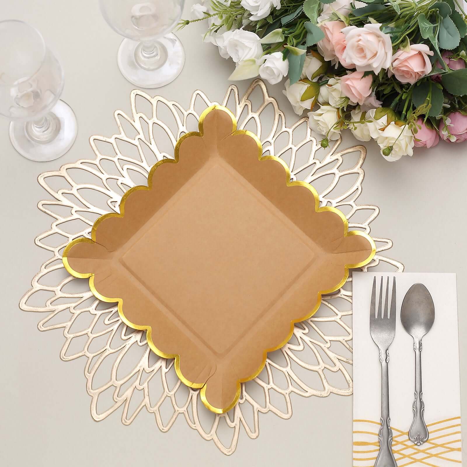 25-Pack Paper Square Dinner Plates 9" Natural Brown with Gold Scalloped Rim - Disposable Party Plates for Stylish Outdoor Events & Boho Celebrations - Image 4