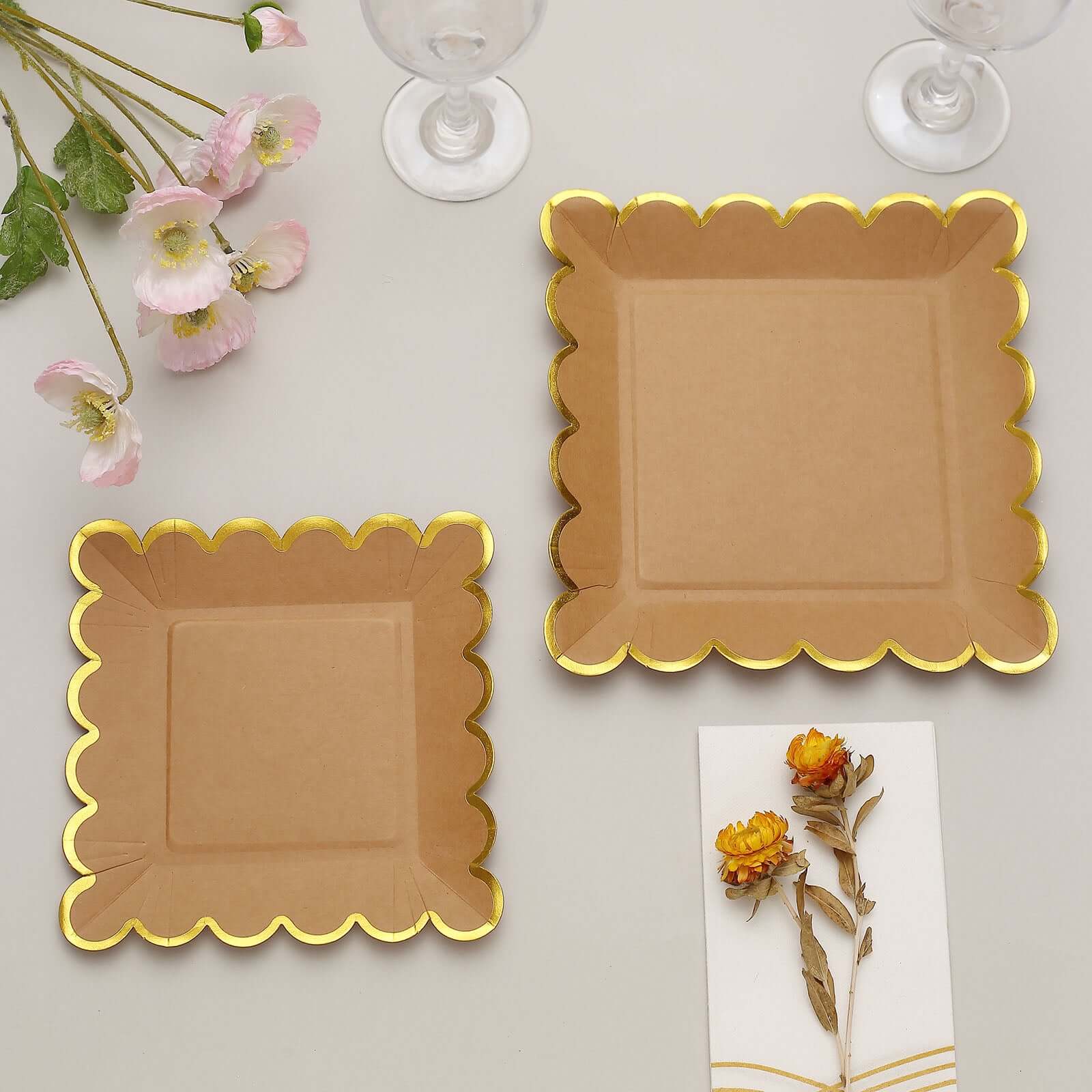 25-Pack Paper Square Dinner Plates 9" Natural Brown with Gold Scalloped Rim - Disposable Party Plates for Stylish Outdoor Events & Boho Celebrations - Image 5
