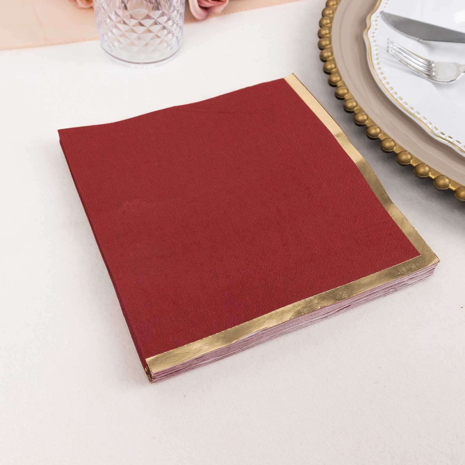 50-Pack Paper Beverage Napkins 2 Ply Burgundy with Gold Foil Edge 6.5"x6.5" - Soft Disposable Cocktail Napkins