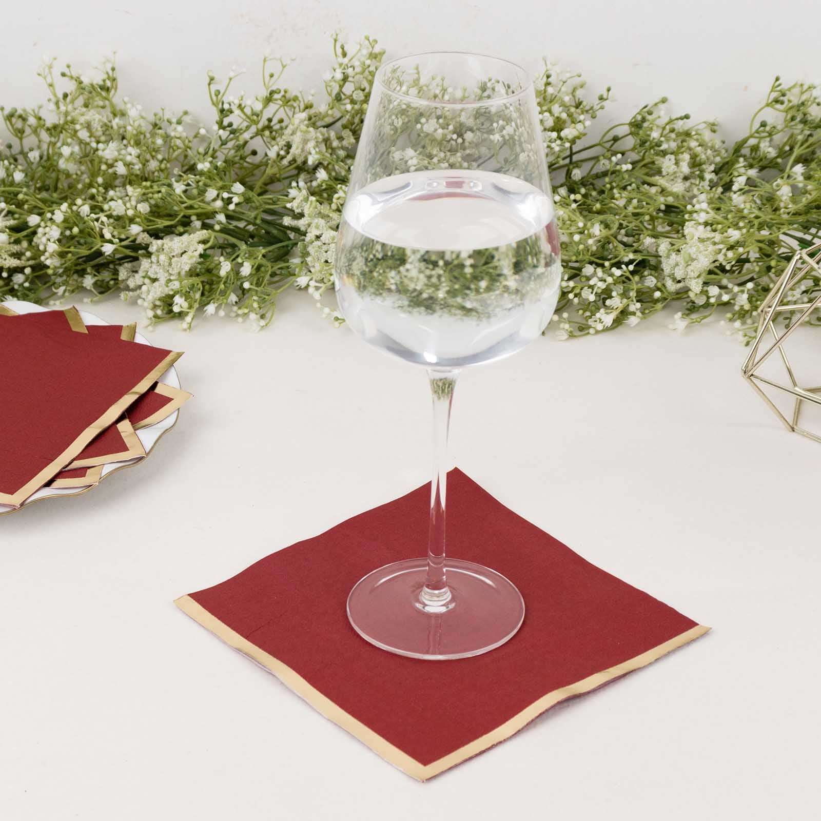 50-Pack Paper Beverage Napkins 2 Ply Burgundy with Gold Foil Edge 6.5"x6.5" - Soft Disposable Cocktail Napkins - Image 2