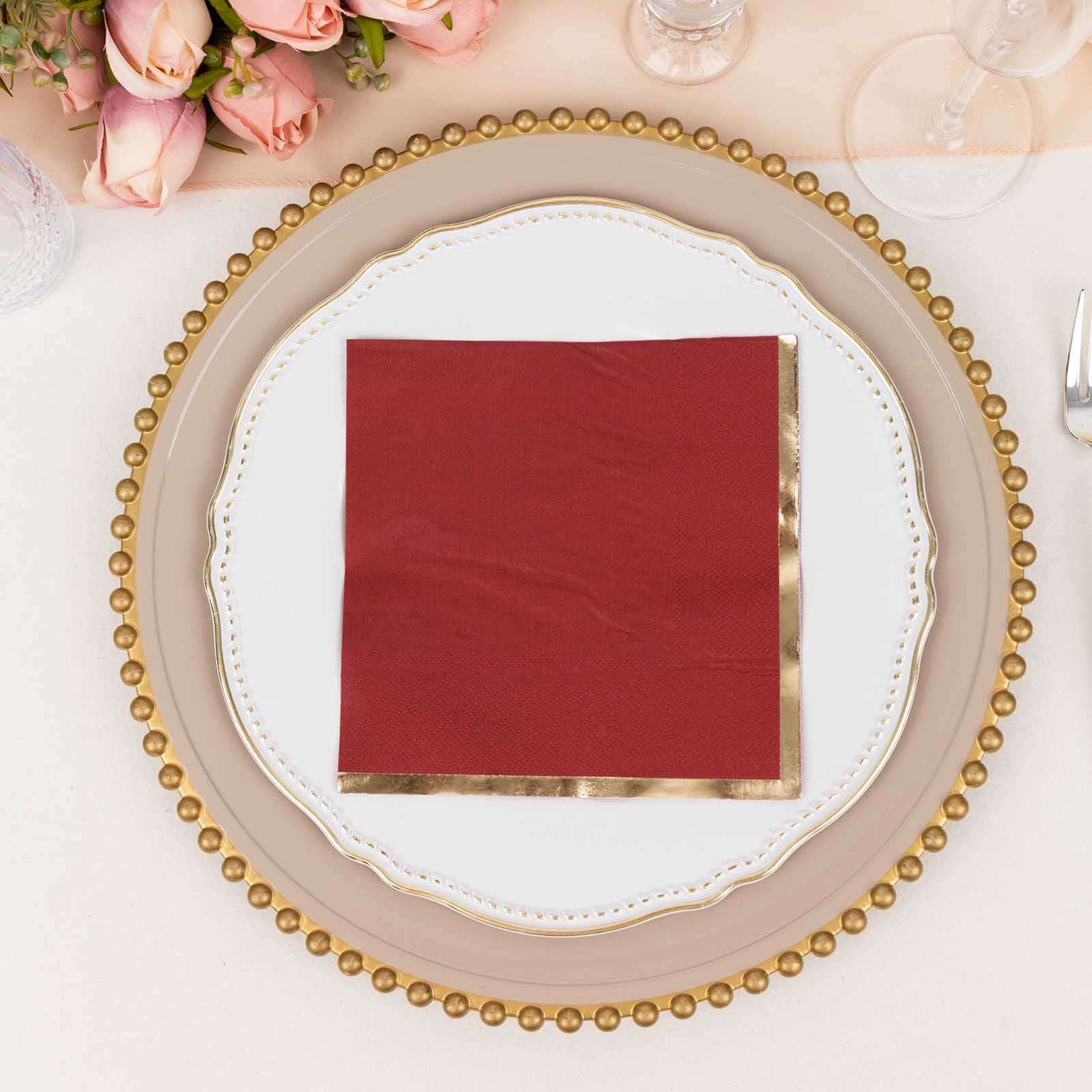 50-Pack Paper Beverage Napkins 2 Ply Burgundy with Gold Foil Edge 6.5"x6.5" - Soft Disposable Cocktail Napkins - Image 7