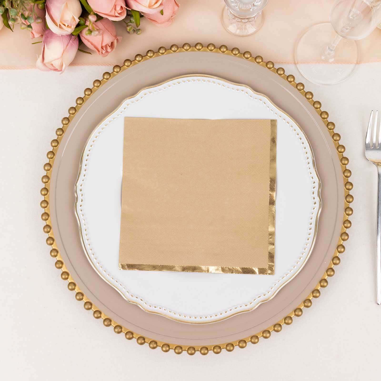 50-Pack Paper Beverage Napkins 2 Ply Natural with Gold Foil Edge 6.5"x6.5" - Soft Disposable Cocktail Napkins