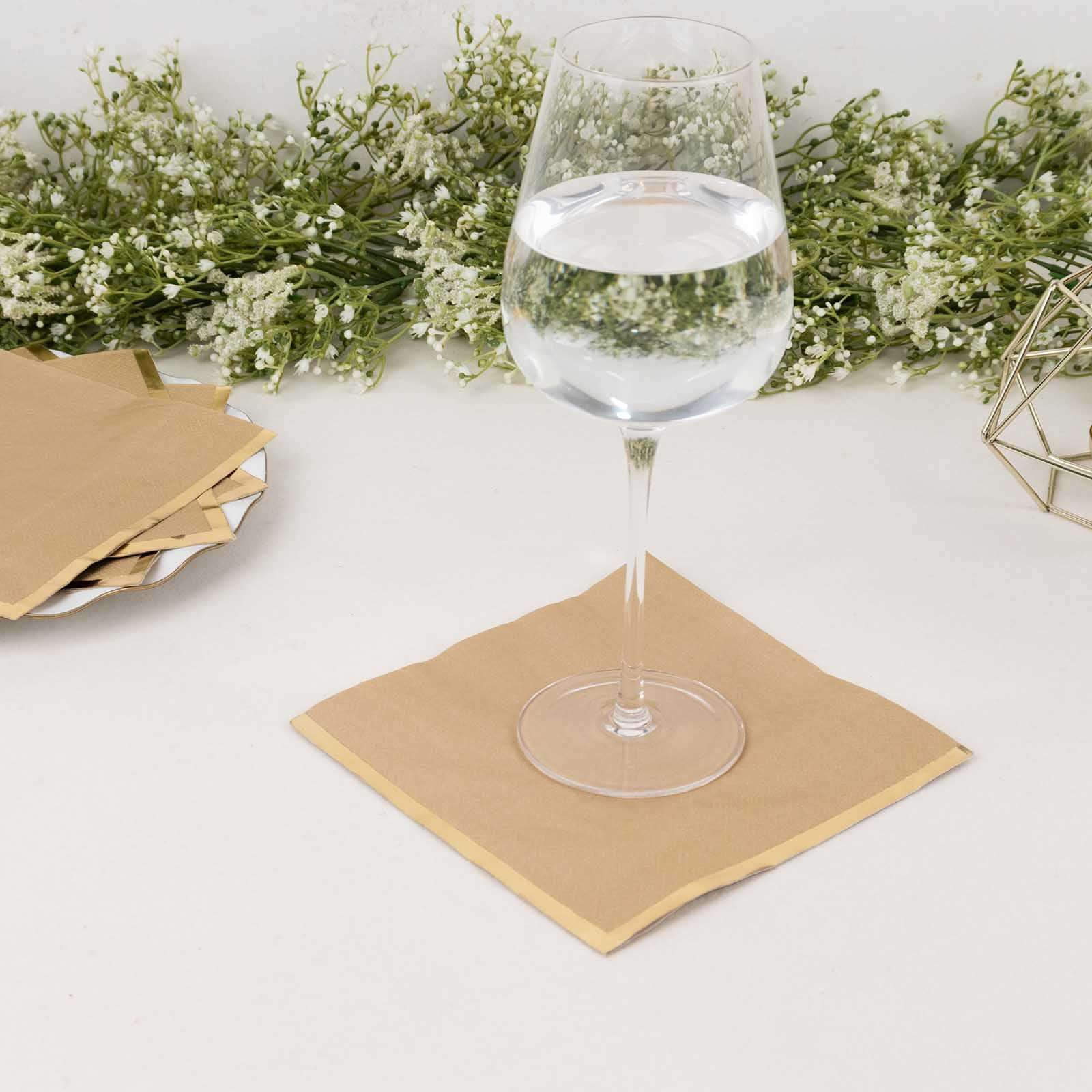 50-Pack Paper Beverage Napkins 2 Ply Natural with Gold Foil Edge 6.5"x6.5" - Soft Disposable Cocktail Napkins - Image 2