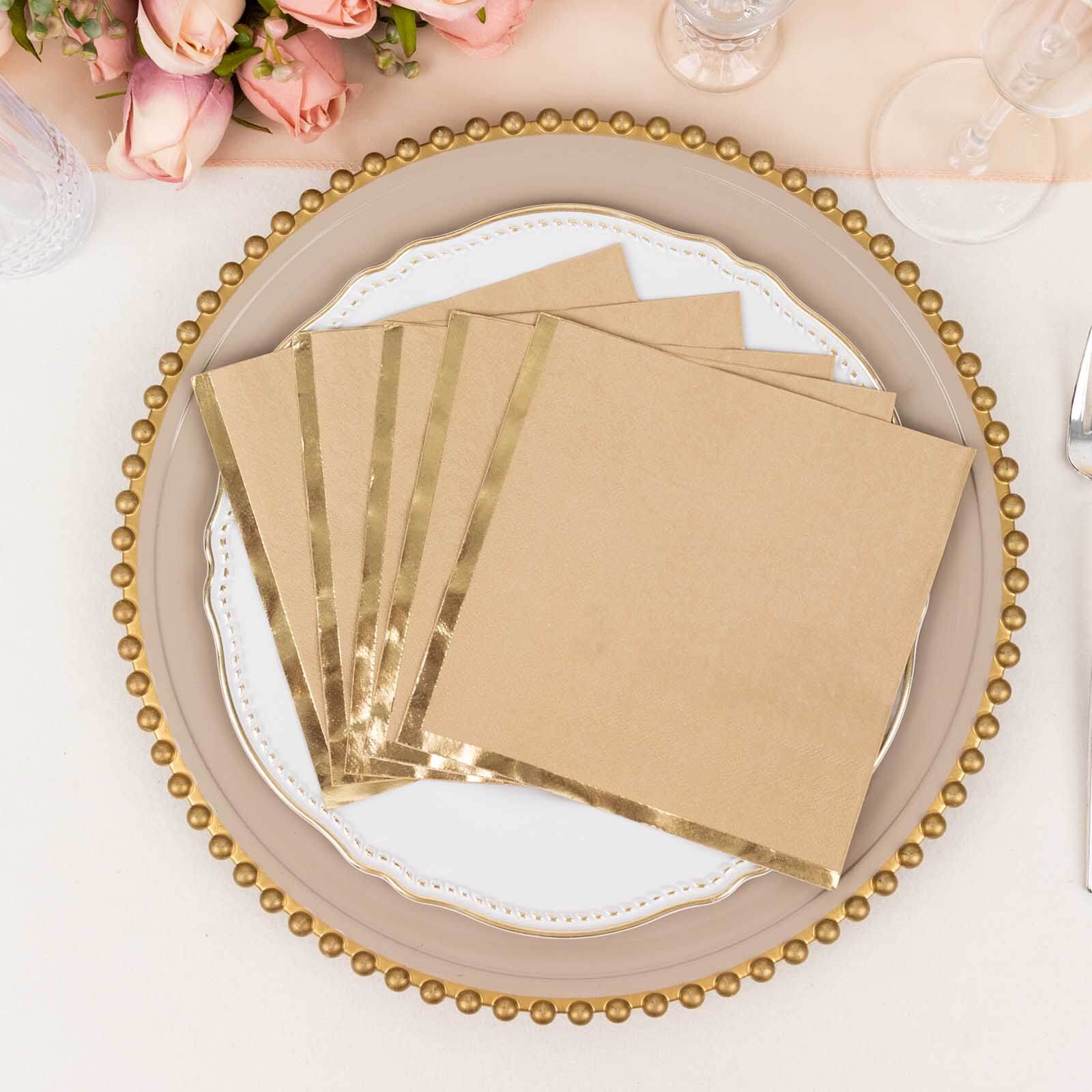 50-Pack Paper Beverage Napkins 2 Ply Natural with Gold Foil Edge 6.5"x6.5" - Soft Disposable Cocktail Napkins - Image 5