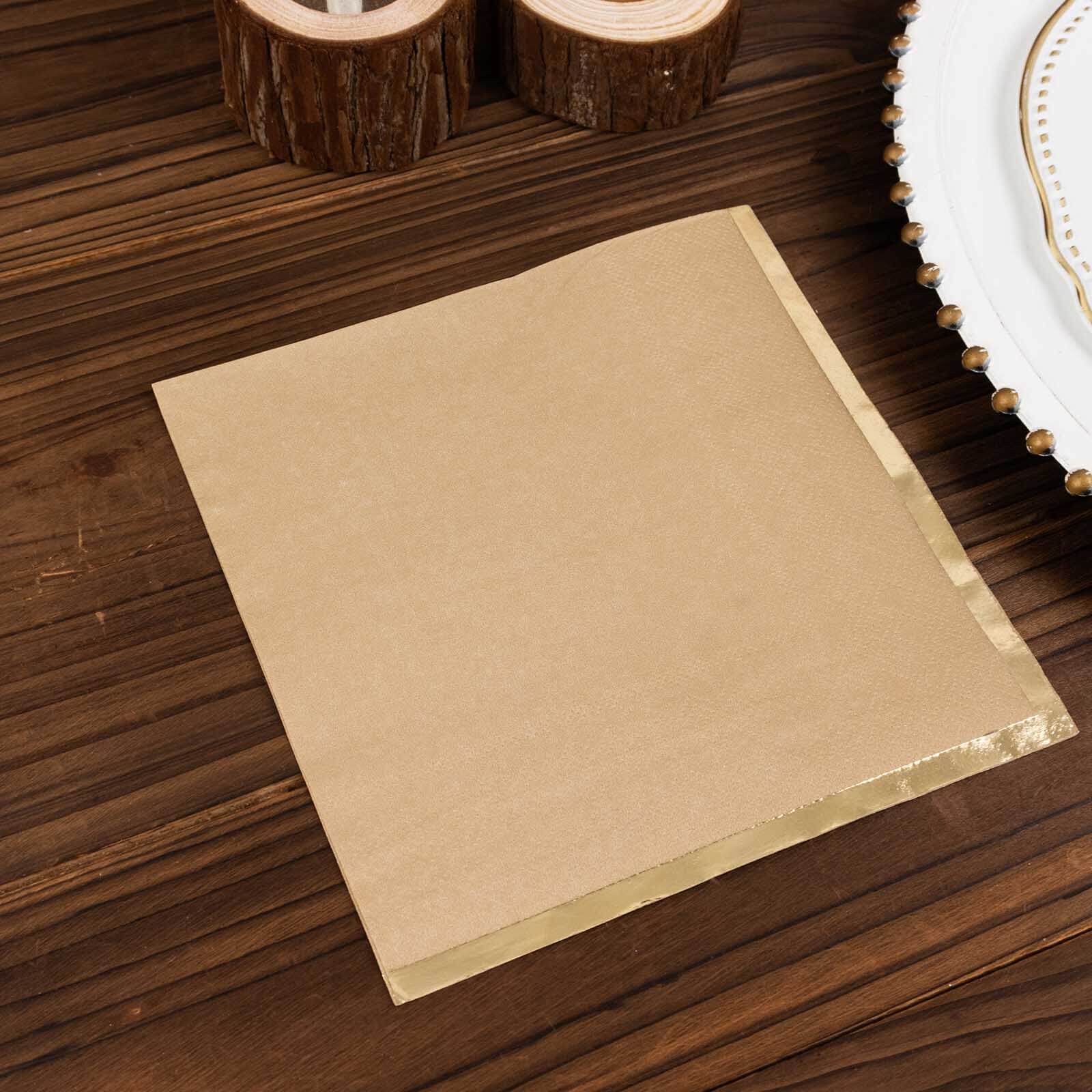 50-Pack Paper Beverage Napkins 2 Ply Natural with Gold Foil Edge 6.5"x6.5" - Soft Disposable Cocktail Napkins - Image 6