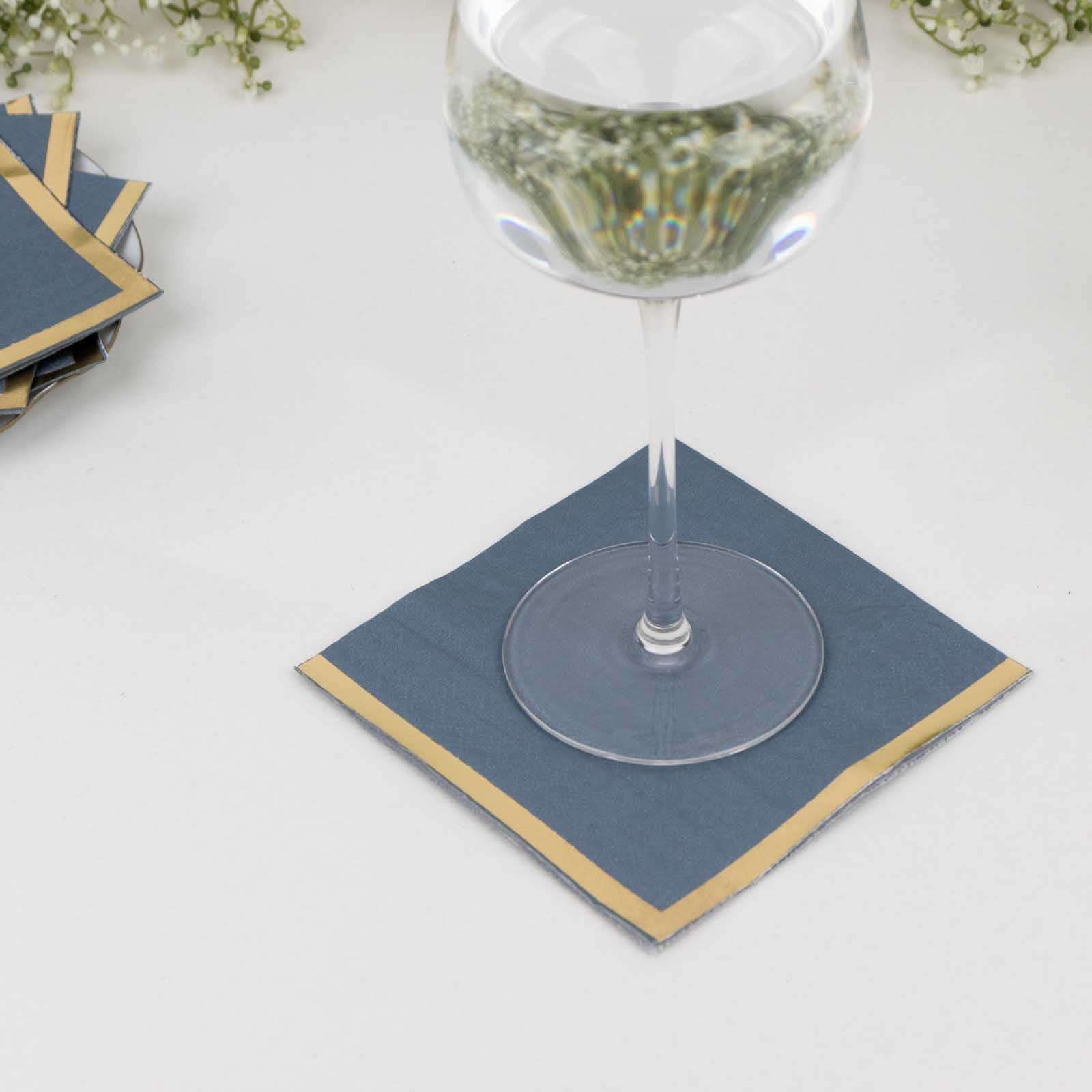 50-Pack Paper Beverage Napkins 2 Ply Dusty Blue with Gold Foil Edge 5"x5" - Soft Disposable Cocktail Napkins 18GSM - Image 4