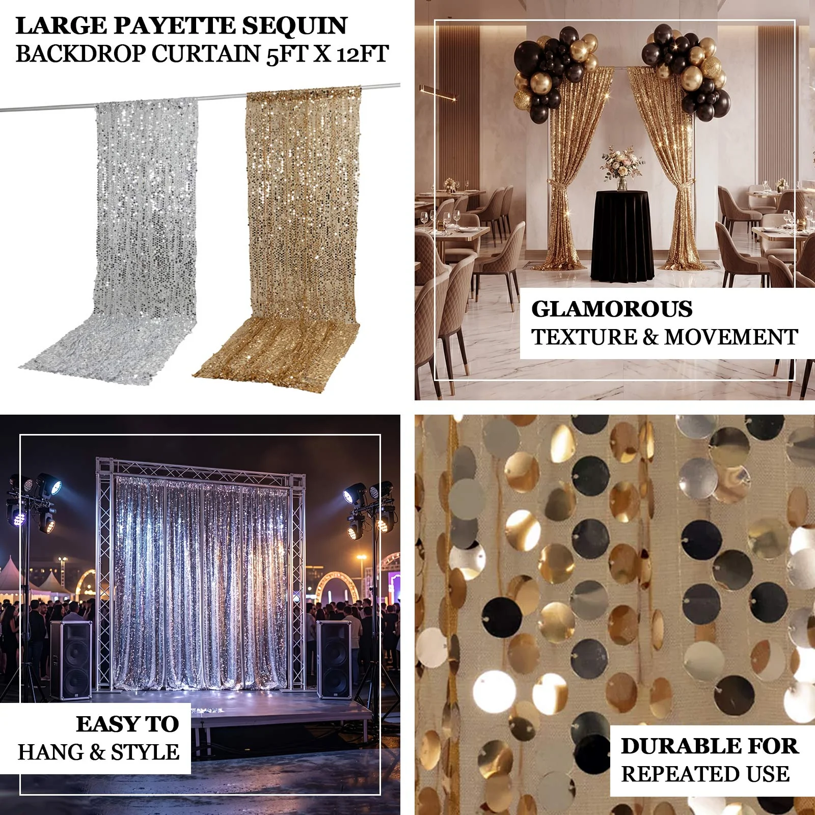 Large Payette Sequin Backdrop Curtain Silver 5ft x 12ft - Big Round Sequin Event Photography Panel with Rod Pocket - Image 4