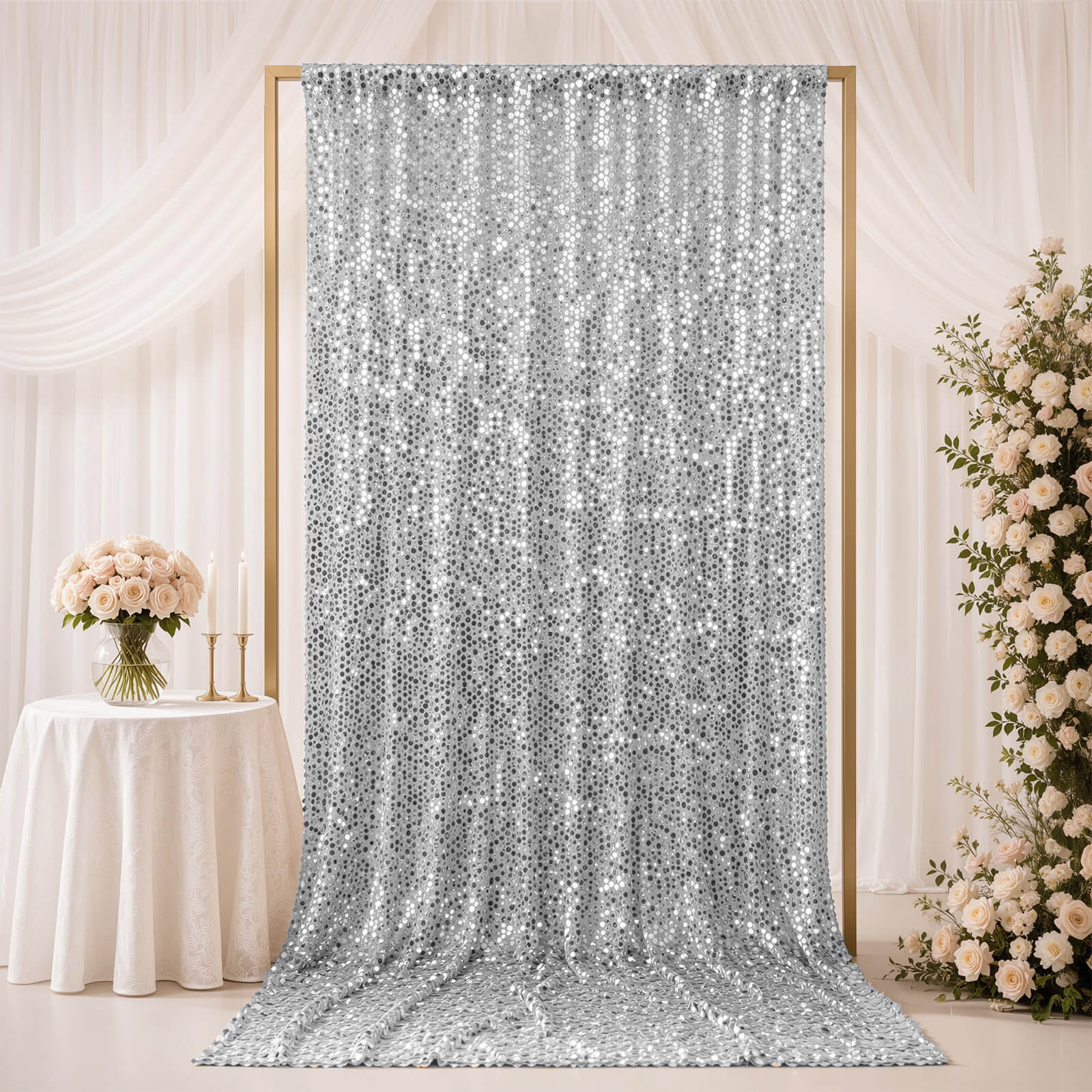Large Payette Sequin Backdrop Curtain Silver 5ft x 12ft - Big Round Sequin Event Photography Panel with Rod Pocket