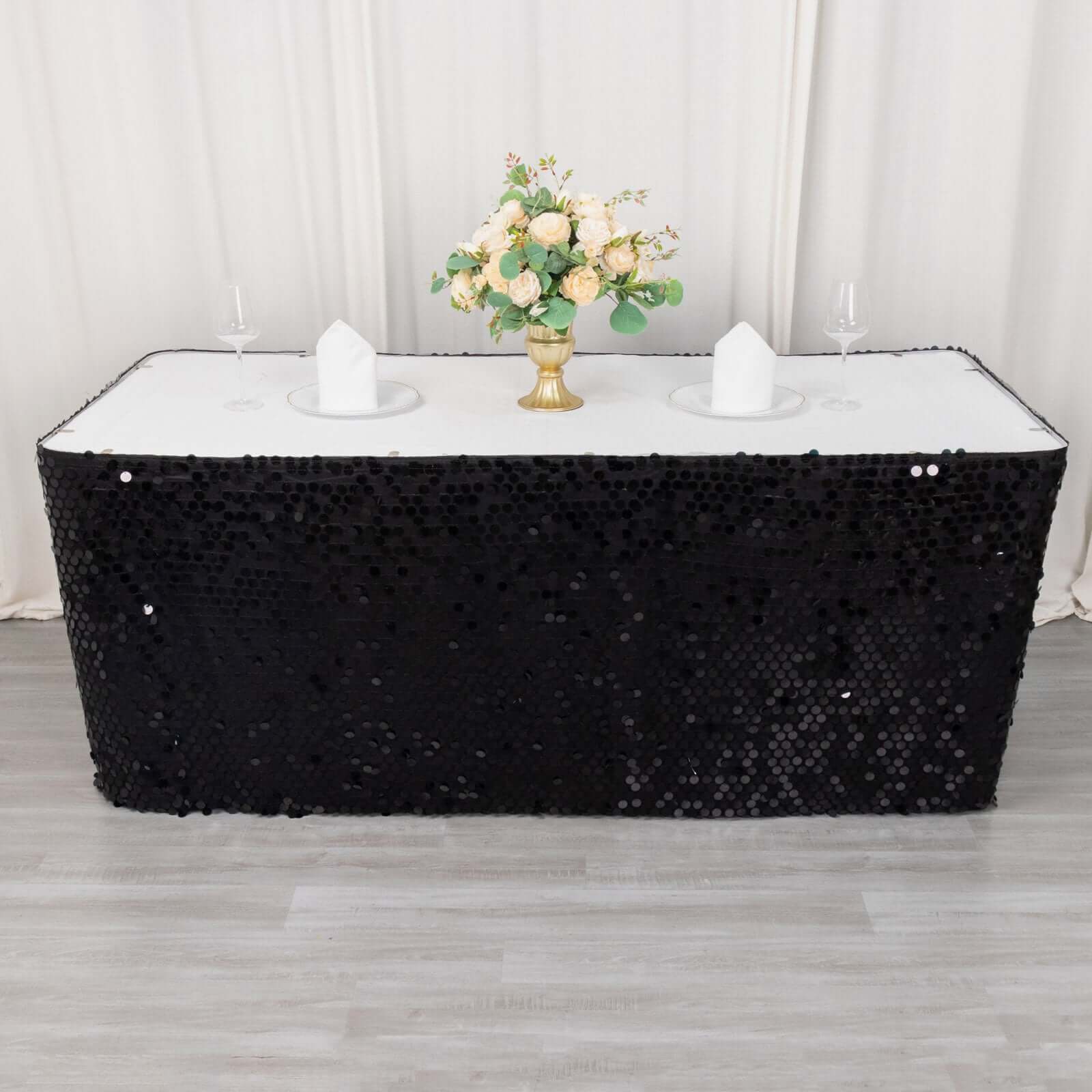 Payette Sequin Table Skirt 21ft Black - Dual Layered Satin Sparkly Table Cover - Image 4