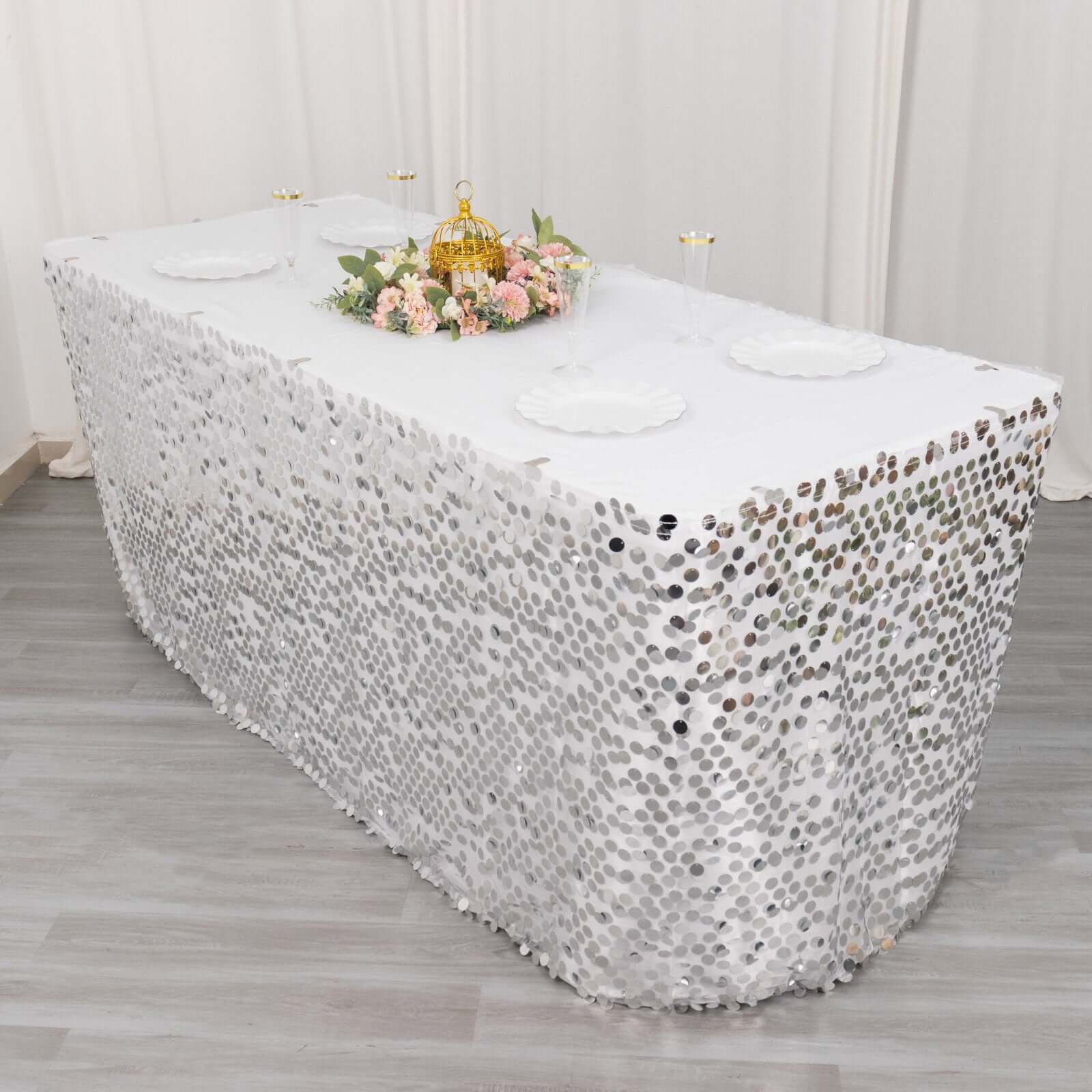 Payette Sequin Table Skirt 21ft Silver - Dual Layered Satin Sparkly Table Cover - Image 5