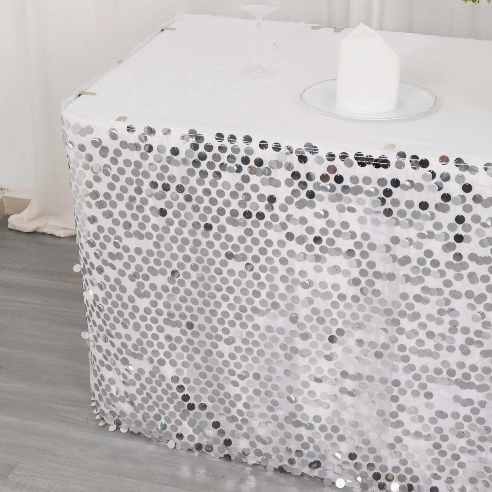 Payette Sequin Table Skirt 21ft Silver - Dual Layered Satin Sparkly Table Cover - Image 8