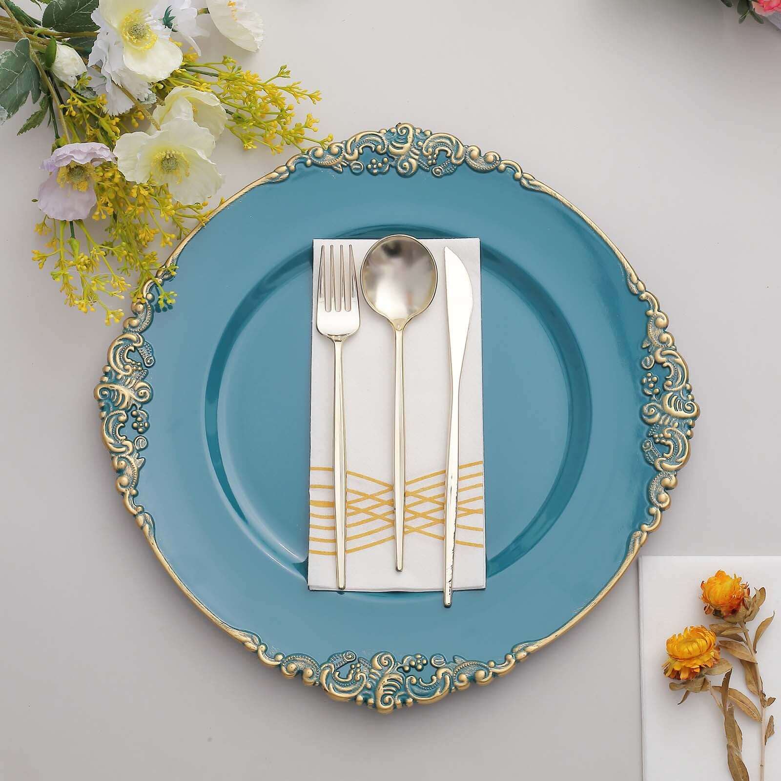6-Pack Acrylic Charger Plates 13" Round Peacock Teal with Gold Embossed Baroque Rim - Antique Decorative Dinner Tableware - Image 2