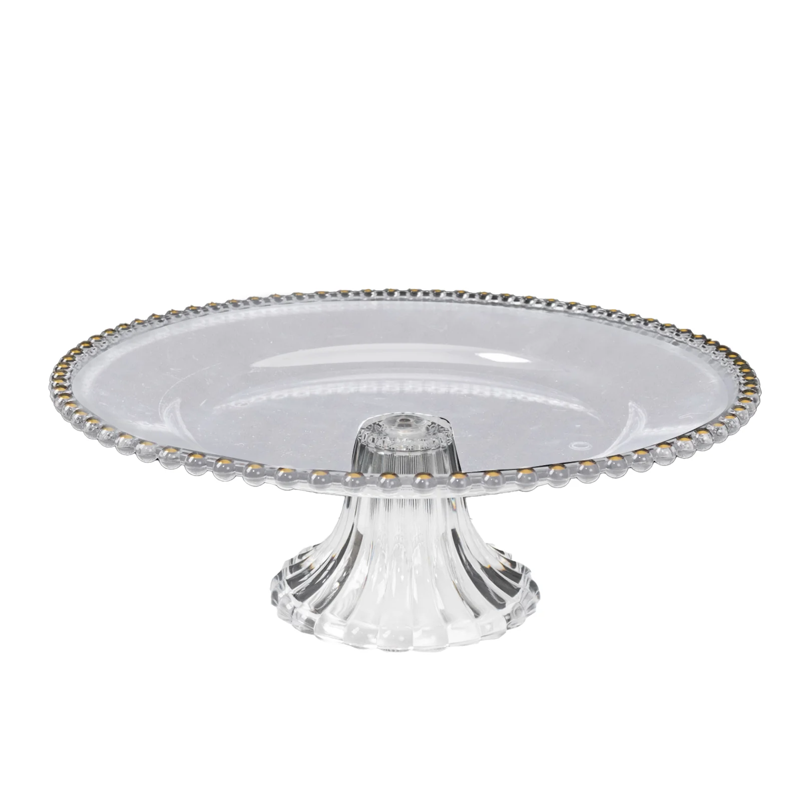 2-Pack Plastic Pedestal Cake Stands – Clear 13" Round Dessert Display Trays with Gold Beaded Rim - Image 2