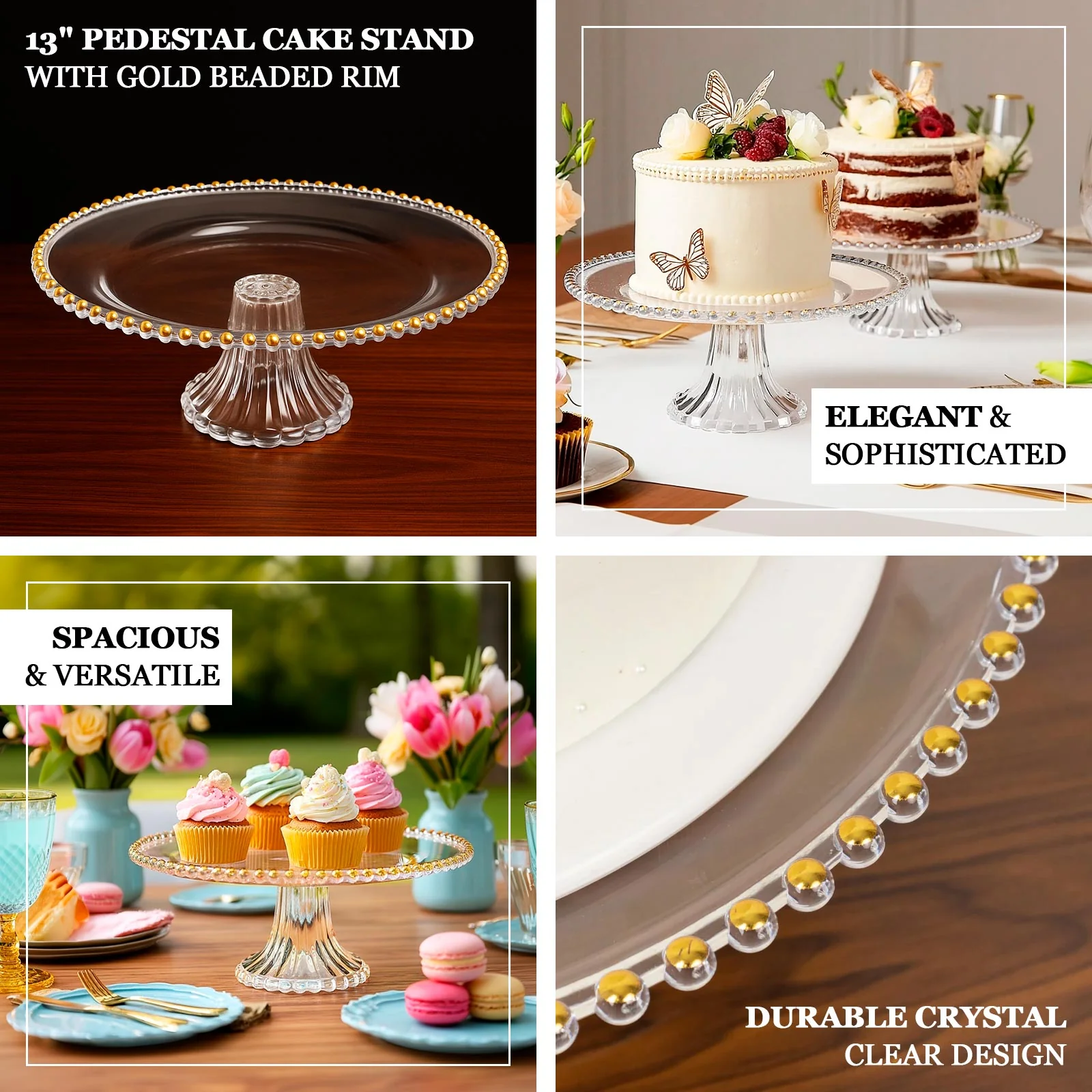 2-Pack Plastic Pedestal Cake Stands – Clear 13" Round Dessert Display Trays with Gold Beaded Rim - Image 4