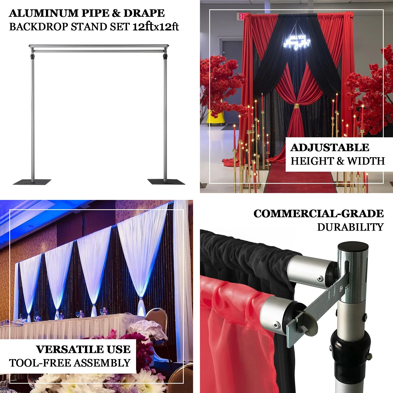 Pipe and Drape Backdrop Stand with Double Cross Bars, Adjustable Silver Aluminum Frame Support System 12ft x 12ft with Heavy Duty Steel Bases - Image 4