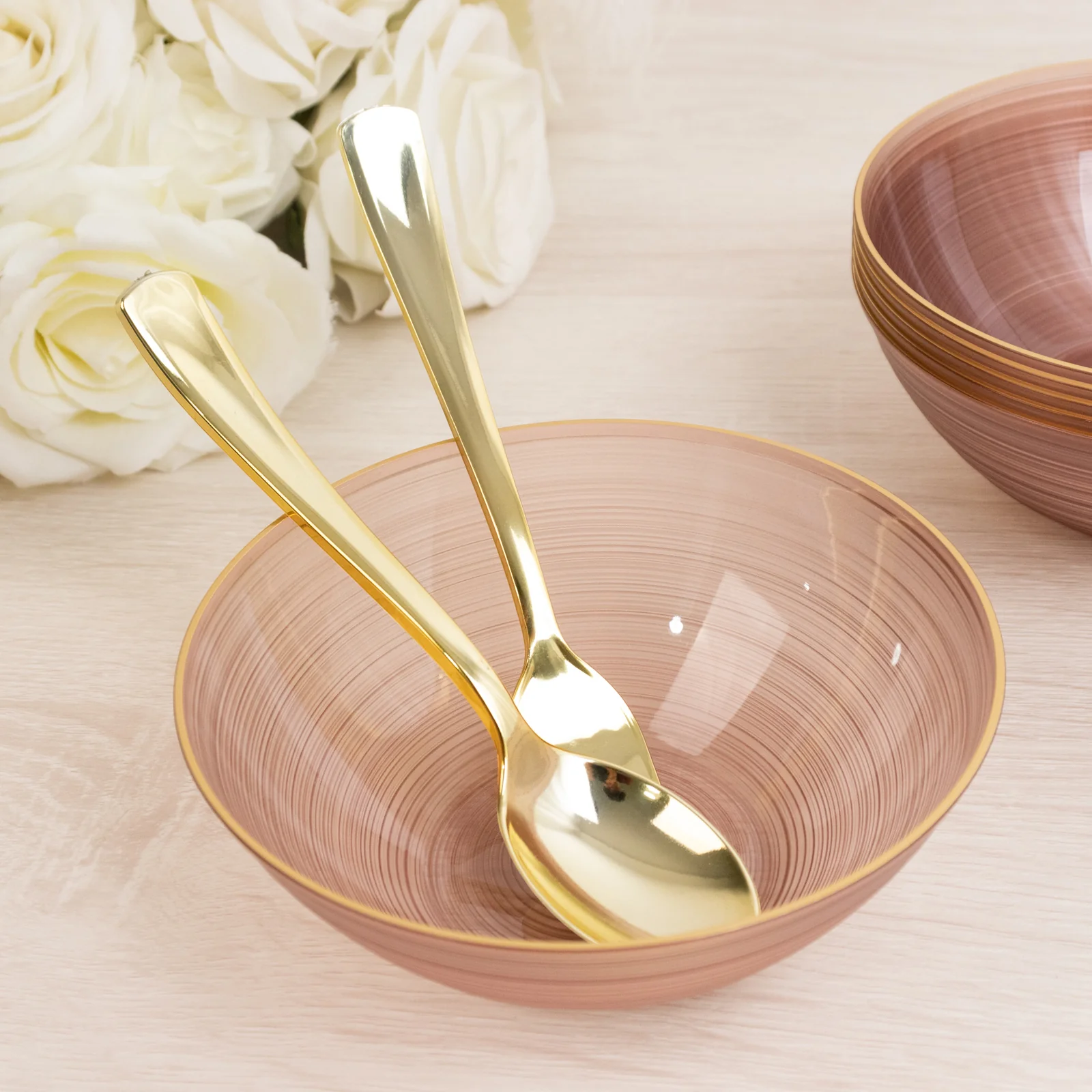 20-Pack Plastic Bowls 16oz – Transparent Dusty Rose with Gold Rim, Elegant Crystal-Like Swirl Disposable Bowls - Image 6
