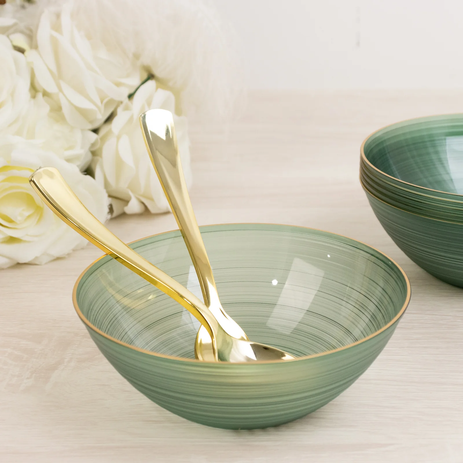 20-Pack Plastic Bowls 16oz – Transparent Dusty Sage Green with Gold Rim, Elegant Crystal-Like Swirl Disposable Bowls - Image 6