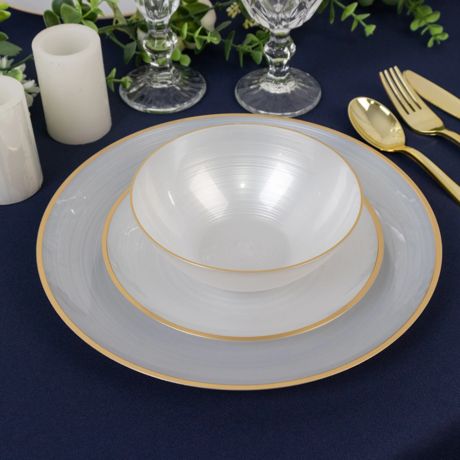 20-Pack Plastic Bowls 16oz – Transparent Pearl White with Gold Rim, Elegant Crystal-Like Swirl Disposable Bowls - Image 3