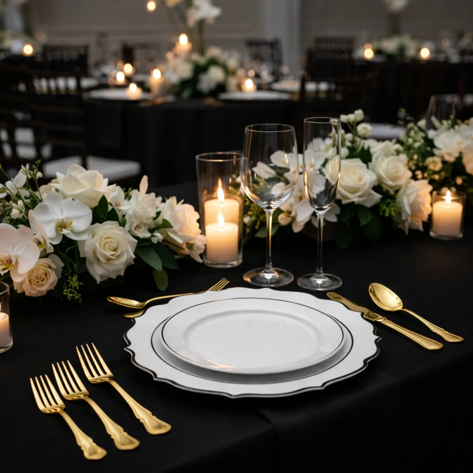 10-Pack Economy Plastic Charger Plates 13" Round White with Black Scalloped Rim - Decorative Dinner Party Serving Plates - Image 4