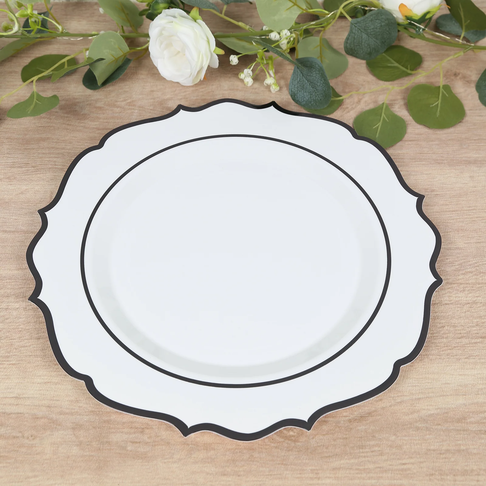 10-Pack Economy Plastic Charger Plates 13" Round White with Black Scalloped Rim - Decorative Dinner Party Serving Plates - Image 5
