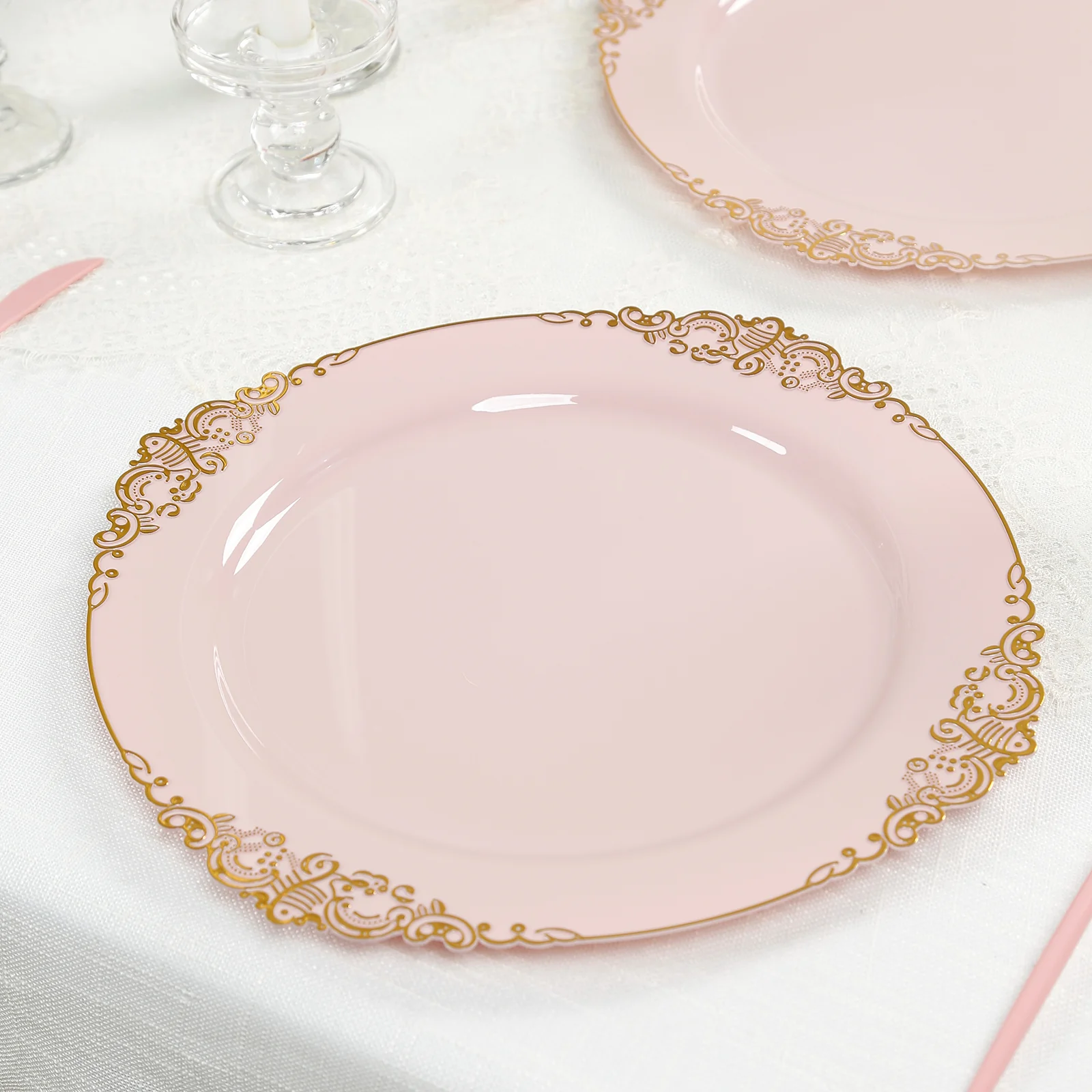 20-Pack Economy Plastic Charger Plates 13" Round Blush with Gold Embossed Baroque Rim - Stylish Dinner Party Serving Plates