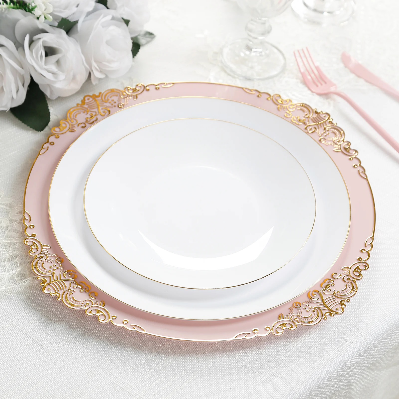20-Pack Economy Plastic Charger Plates 13" Round Blush with Gold Embossed Baroque Rim - Stylish Dinner Party Serving Plates - Image 5