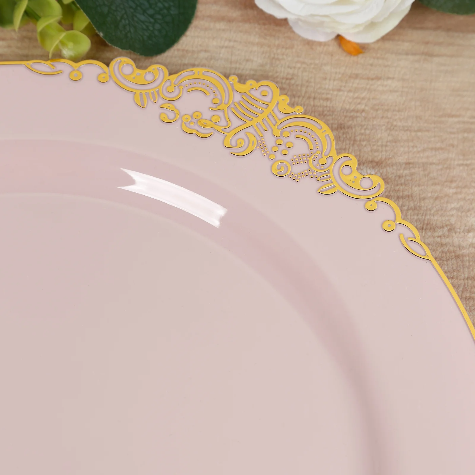 20-Pack Economy Plastic Charger Plates 13" Round Blush with Gold Embossed Baroque Rim - Stylish Dinner Party Serving Plates - Image 6