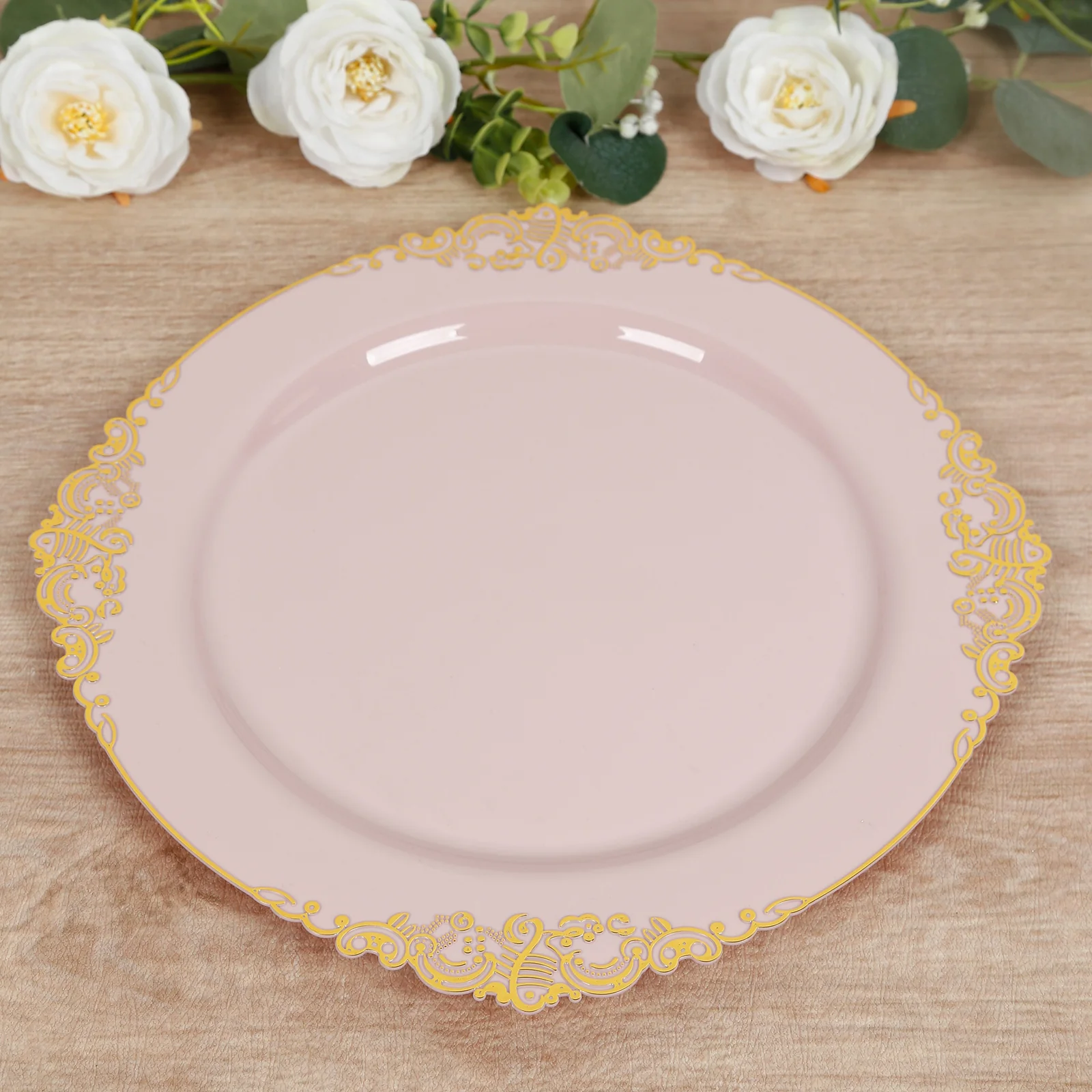 20-Pack Economy Plastic Charger Plates 13" Round Blush with Gold Embossed Baroque Rim - Stylish Dinner Party Serving Plates - Image 7