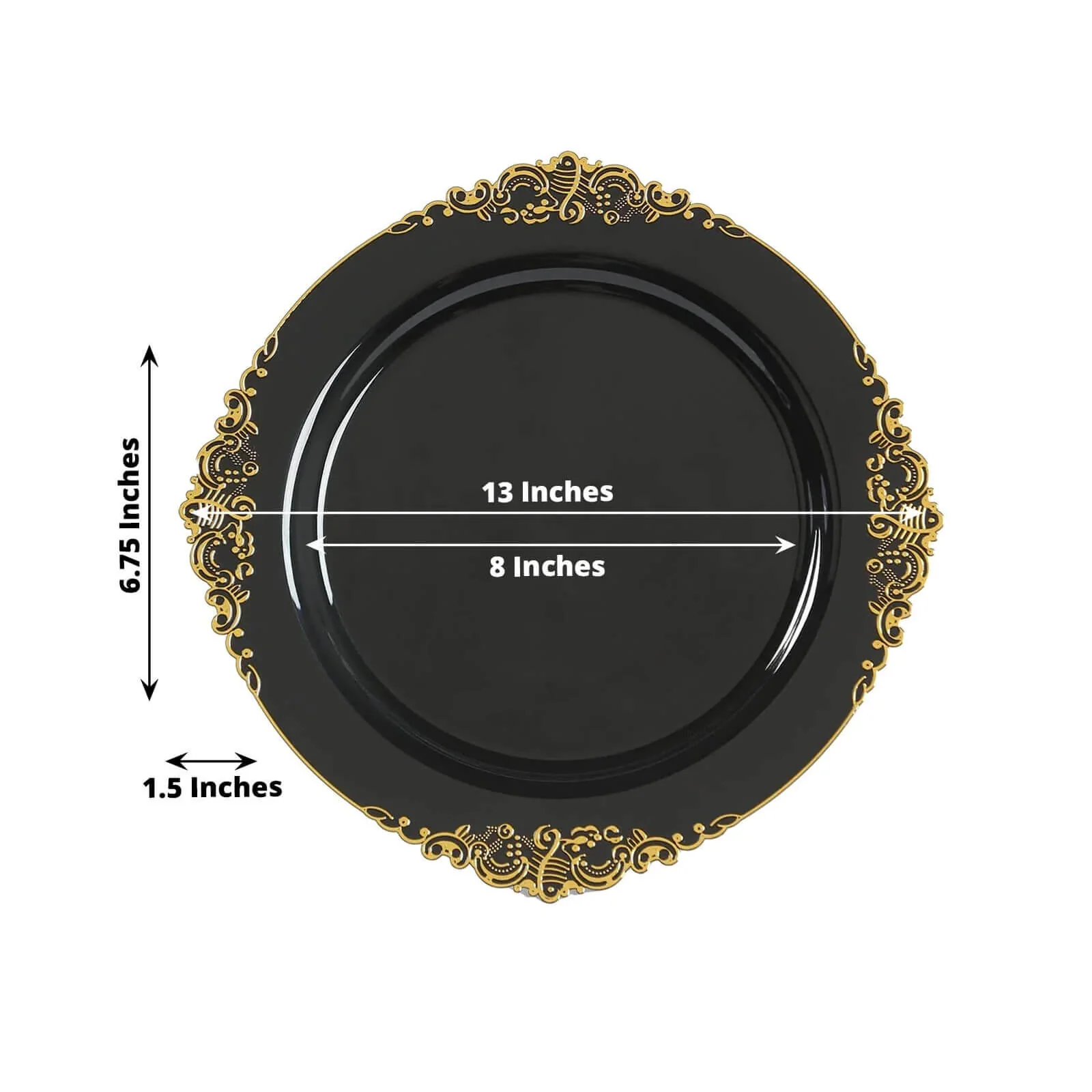 20-Pack Economy Plastic Charger Plates 13" Round Black with Gold Embossed Baroque Rim - Stylish Dinner Party Serving Plates - Image 2