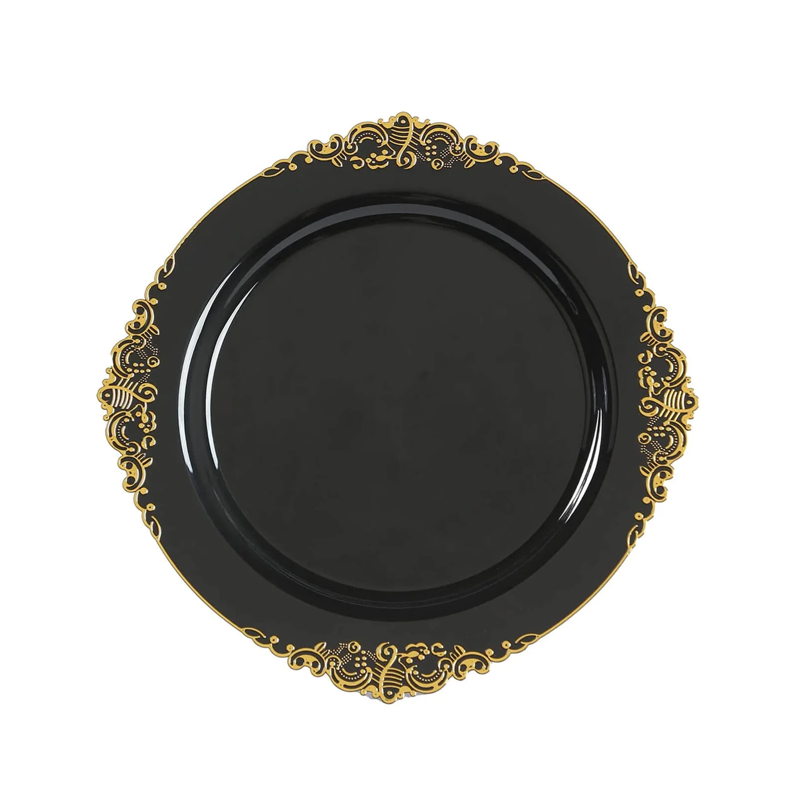 20-Pack Economy Plastic Charger Plates 13" Round Black with Gold Embossed Baroque Rim - Stylish Dinner Party Serving Plates - Image 5