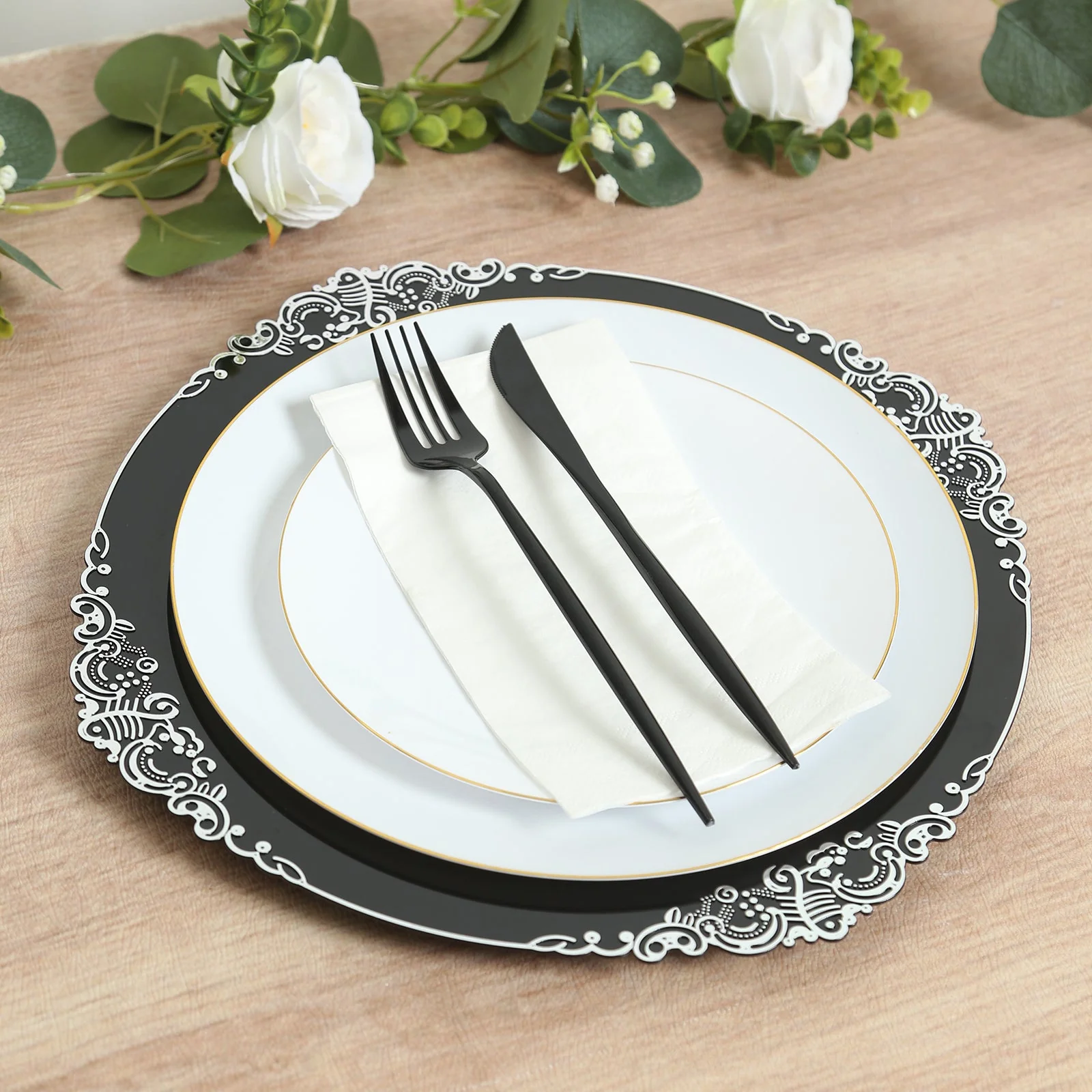 20-Pack Economy Plastic Charger Plates 13" Round Black with Silver Embossed Baroque Rim - Stylish Dinner Party Serving Plates - Image 3