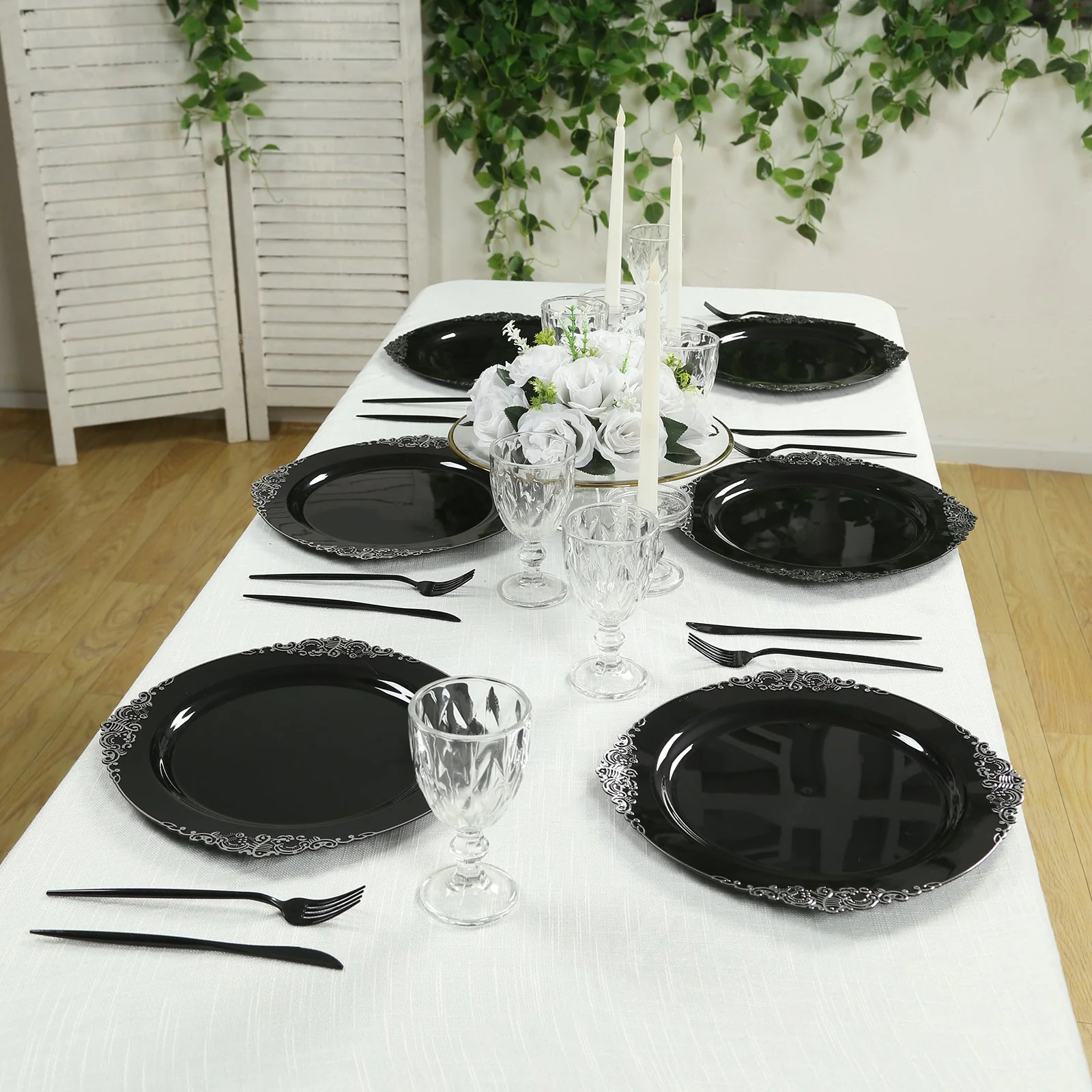 20-Pack Economy Plastic Charger Plates 13" Round Black with Silver Embossed Baroque Rim - Stylish Dinner Party Serving Plates - Image 4