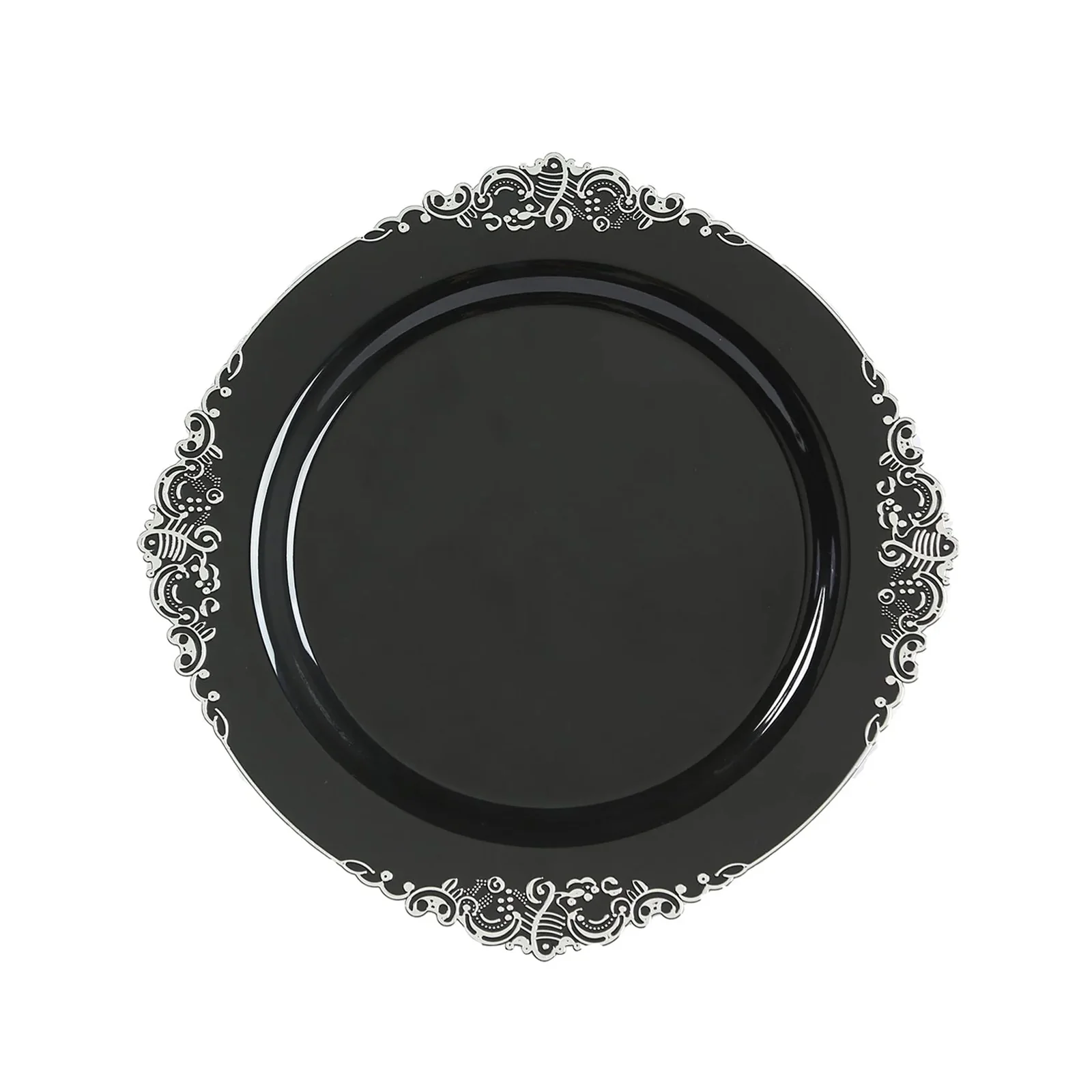 20-Pack Economy Plastic Charger Plates 13" Round Black with Silver Embossed Baroque Rim - Stylish Dinner Party Serving Plates - Image 5