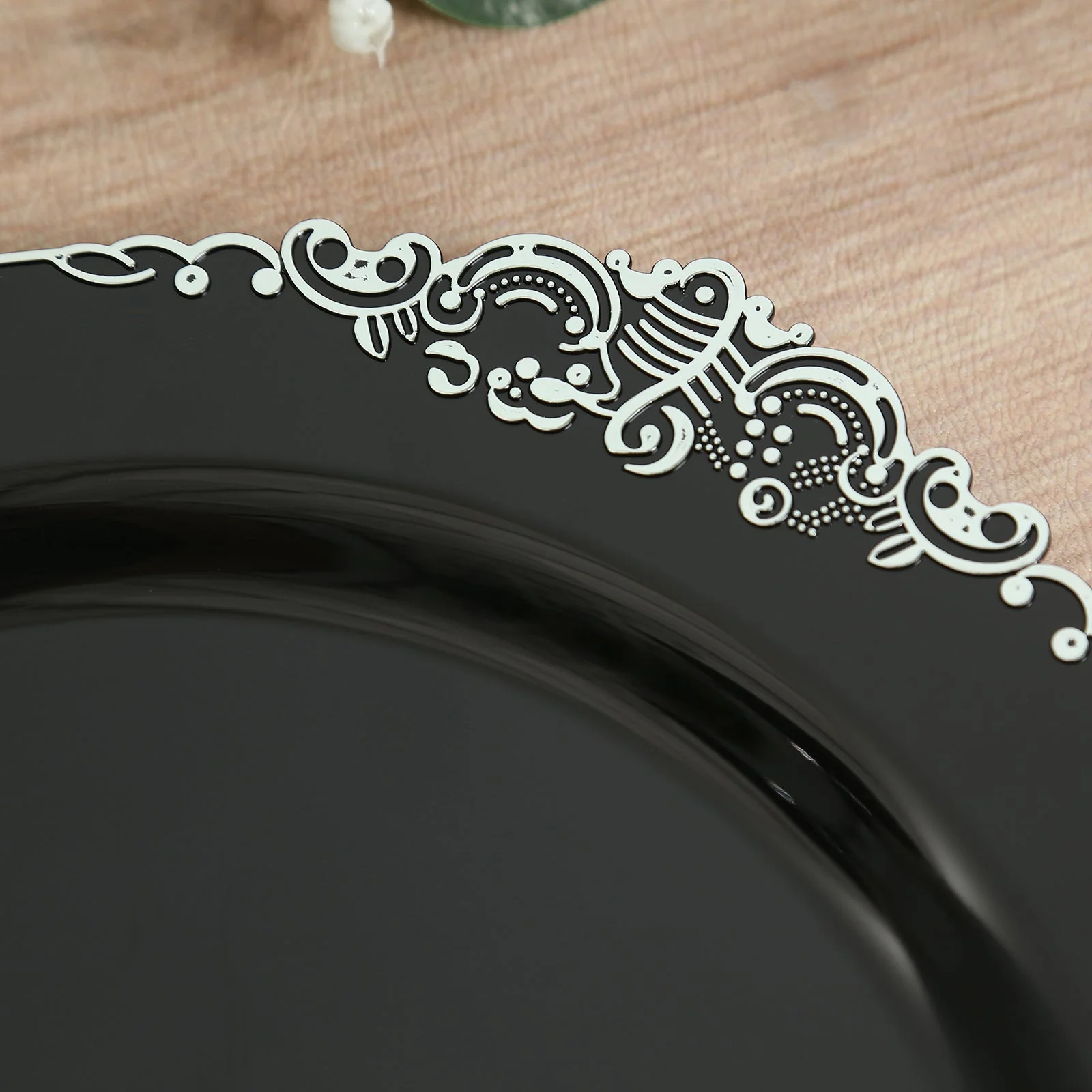 20-Pack Economy Plastic Charger Plates 13" Round Black with Silver Embossed Baroque Rim - Stylish Dinner Party Serving Plates - Image 6