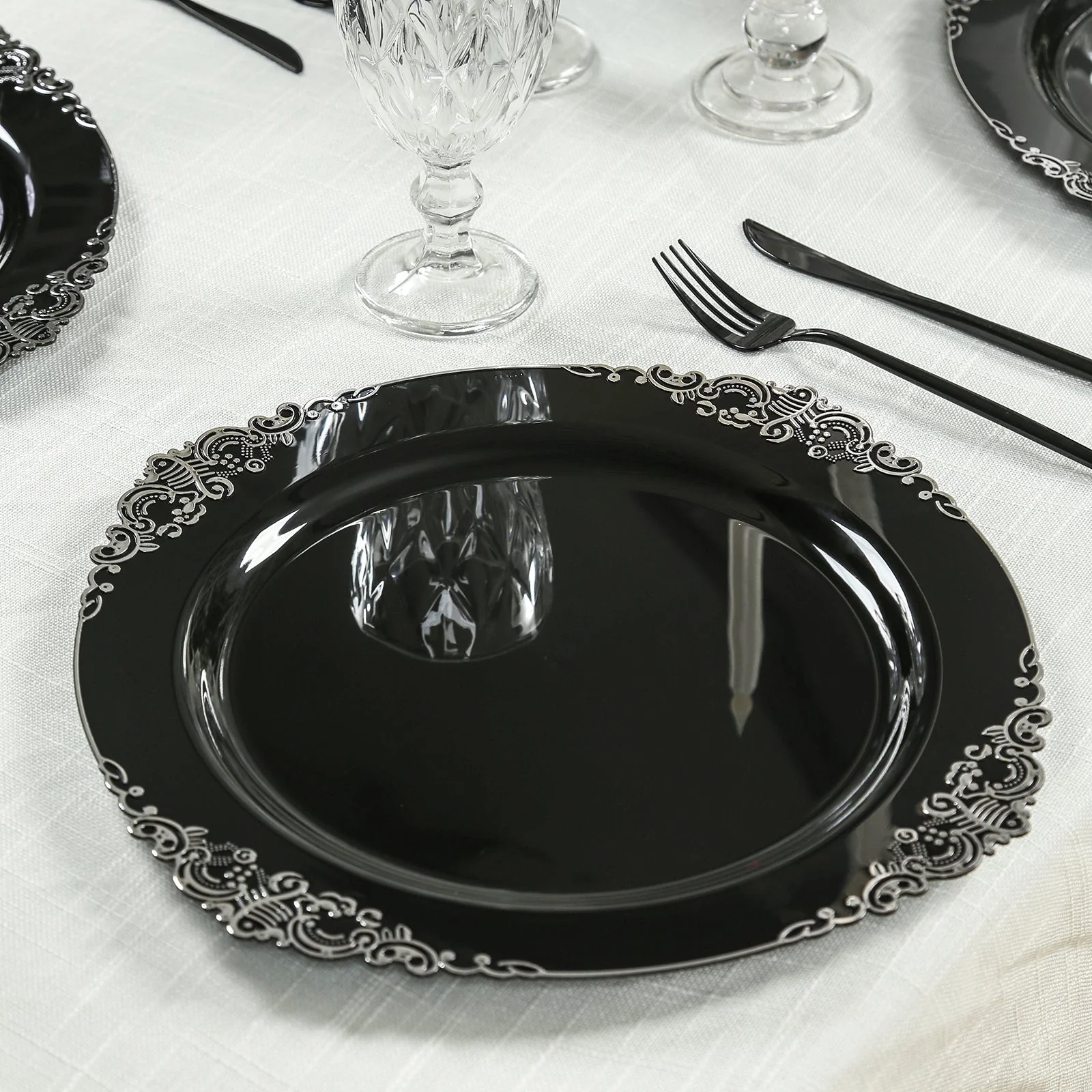 20-Pack Economy Plastic Charger Plates 13" Round Black with Silver Embossed Baroque Rim - Stylish Dinner Party Serving Plates - Image 7